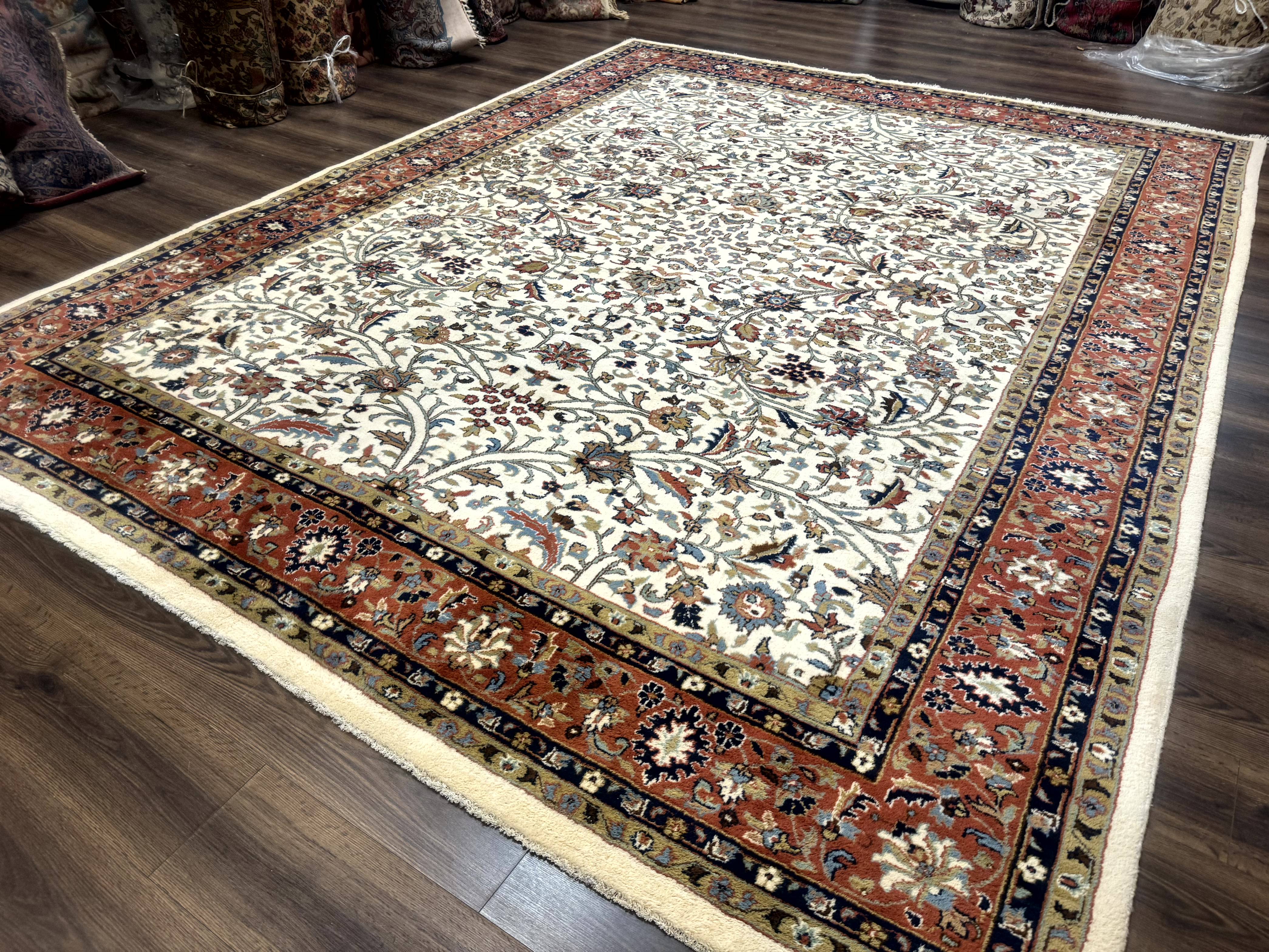 Indo Persian Rug 9x12, Ivory and Red, Traditional Wool Oriental Carpet - Jewel Rugs