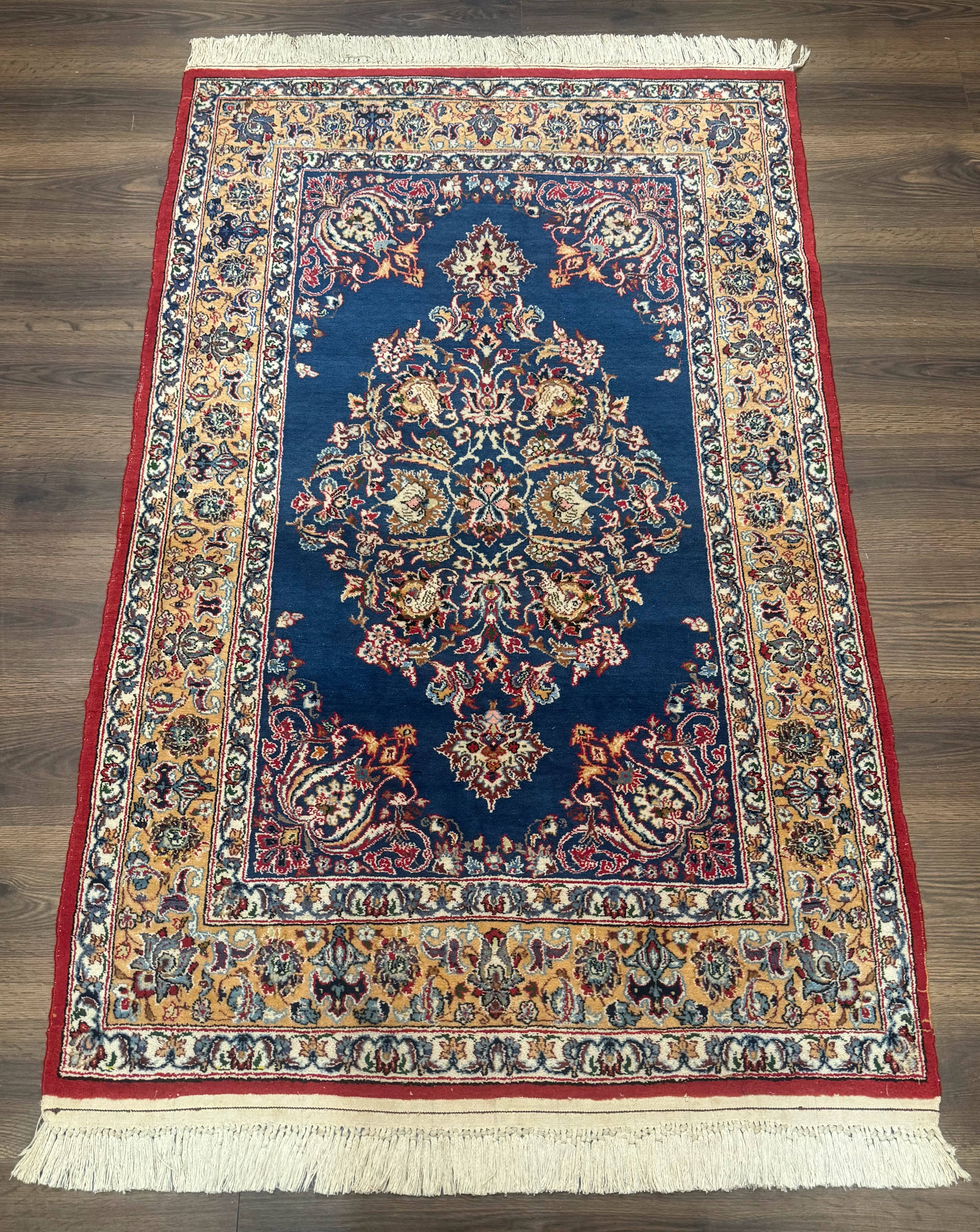 Blue Persian Qum Rug 3.6 x 5, Floral Medallion, Fine 310 KPSI - Jewel Rugs