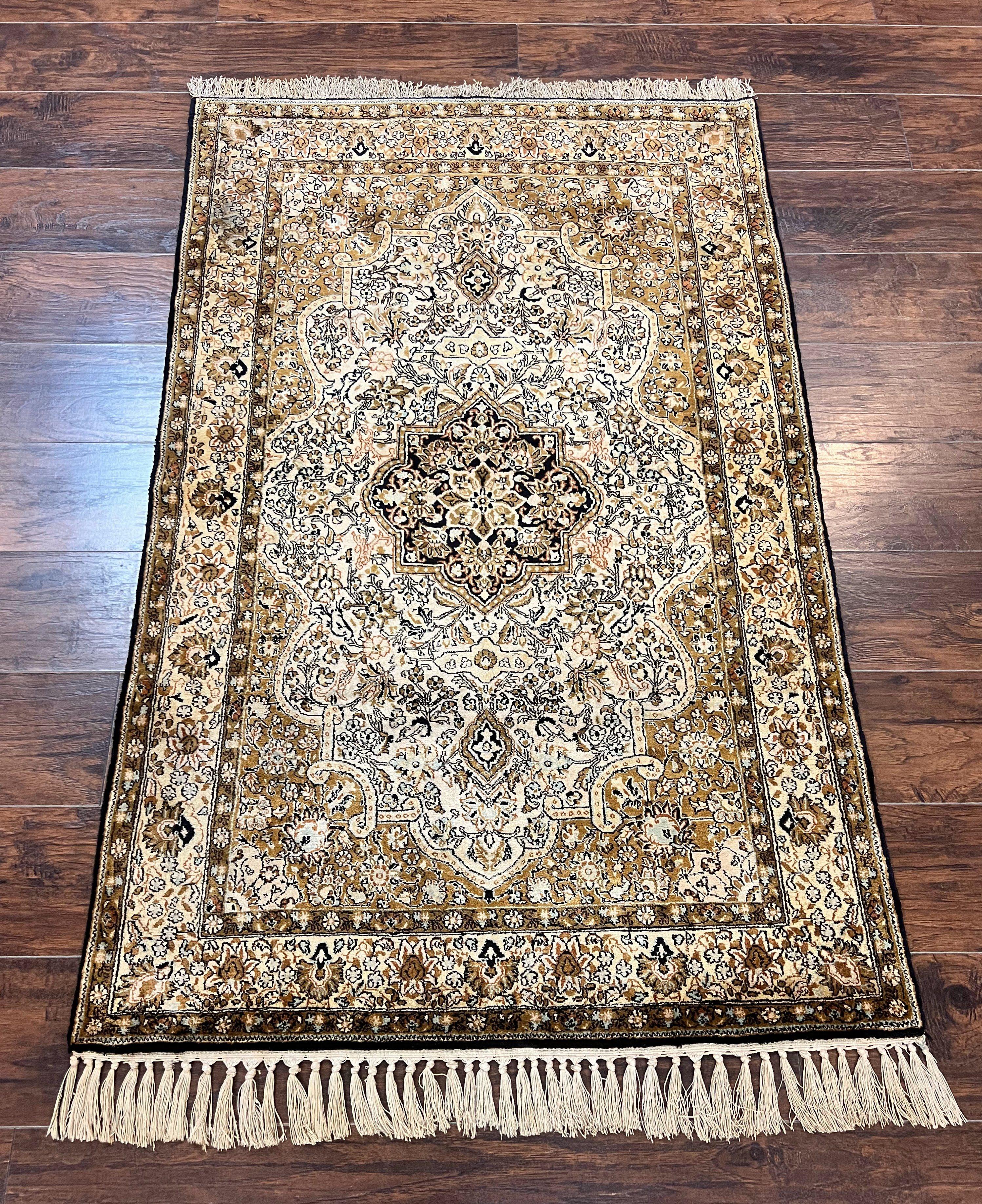 Persian Qum Silk Rug 3.5 x 5.5, Floral Medallion, Very Fine 350 KPSI, Handmade Silk on Silk Rug, Vintage - Jewel Rugs