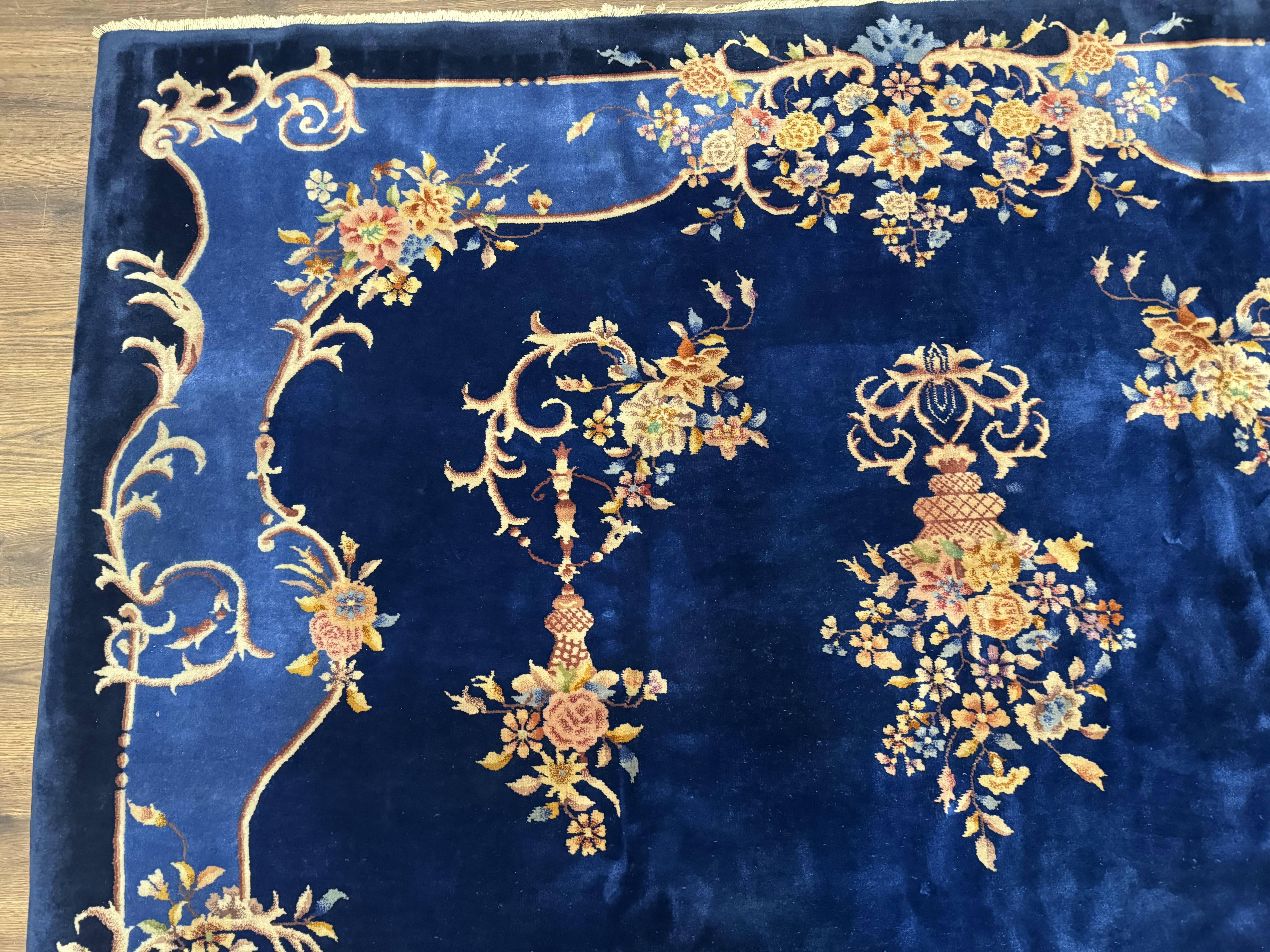 Blue Chinese Art Deco Rug 9x12, Vintage Antique Chinese Wool Rug, Chinese Fette Rug - Jewel Rugs