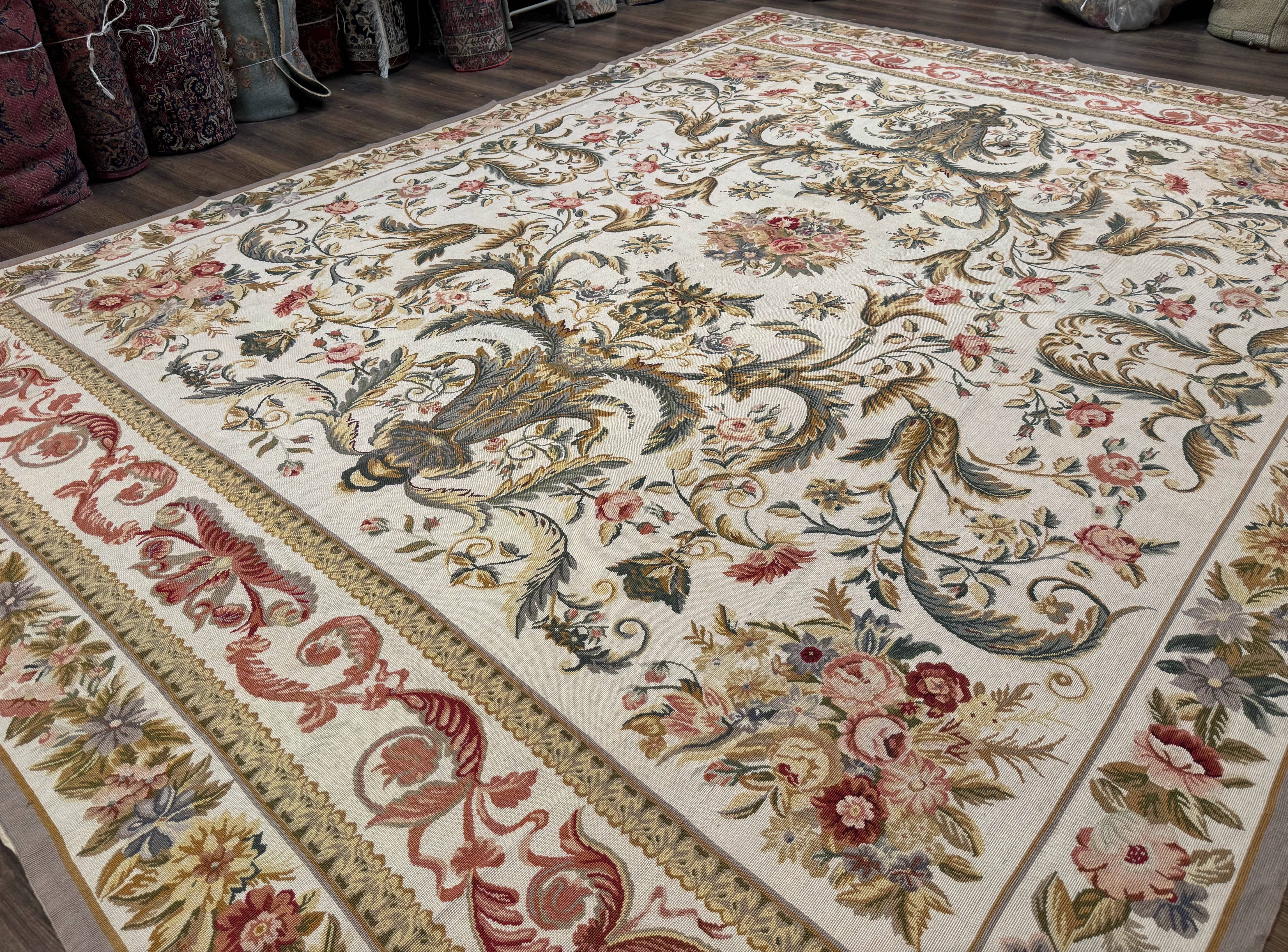Aubusson Needlepoint Rug 10x14, Elegant European French Carpet, Vintage Carpet - Jewel Rugs