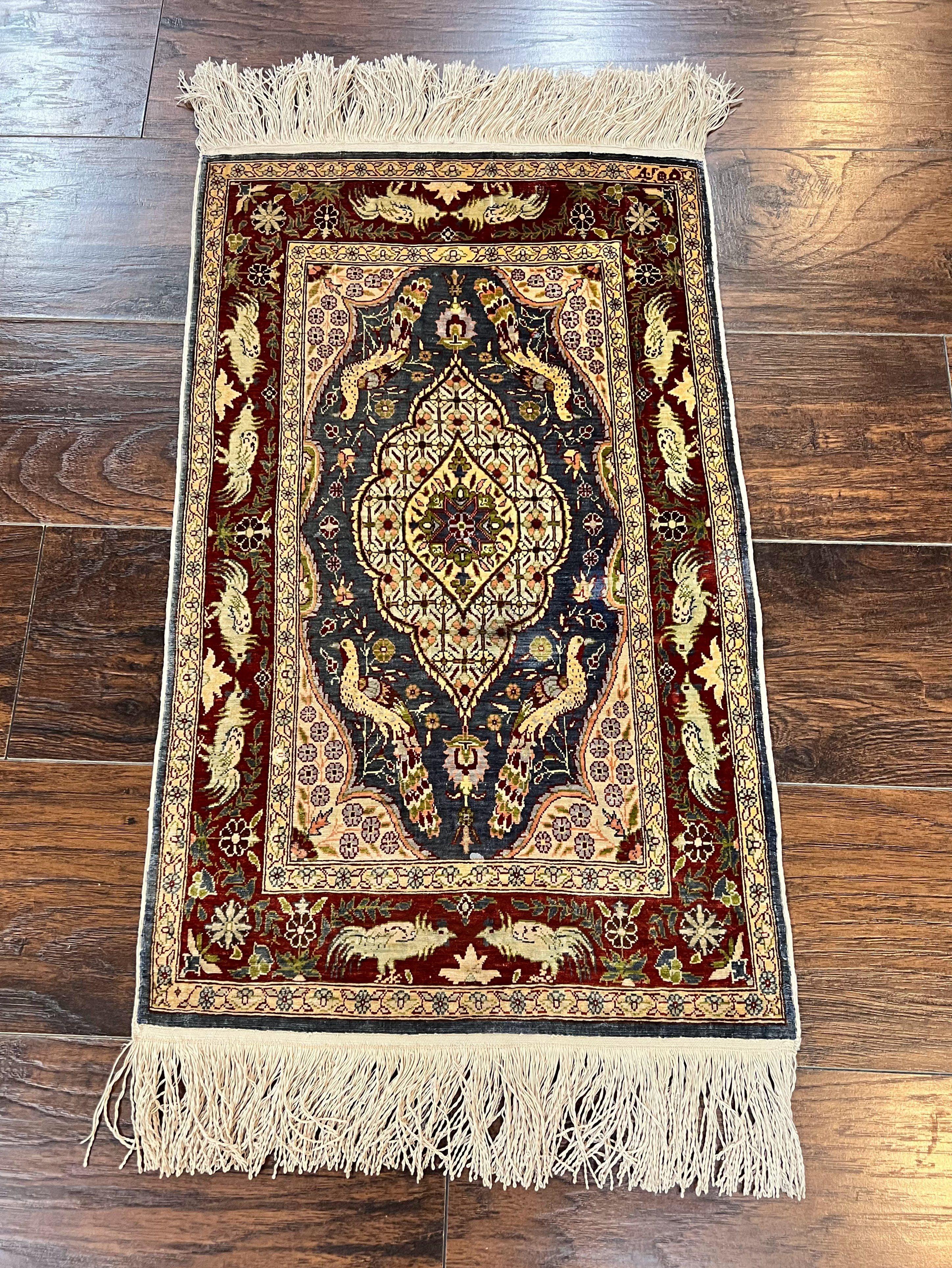 Silk Turkish Hereke Rug 2x3, Peacocks Birds, Signature from Master Weaver, Super Finely Hand Knotted 550 KPSI, Animal Pictorials - Jewel Rugs