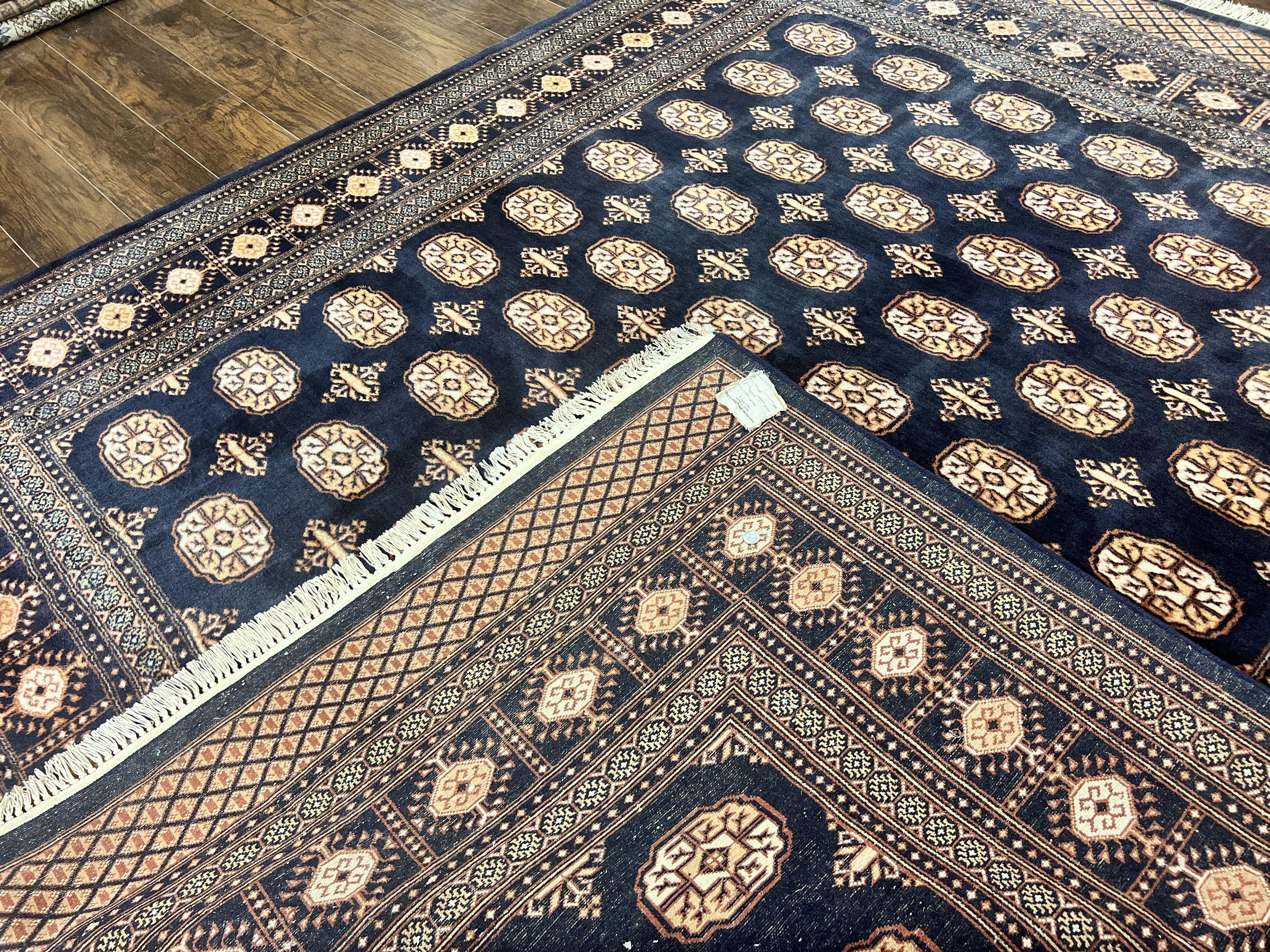 Pakistani Bokhara Rug 8x10, Turkoman Carpet 8 x 10, Dark Blue Ivory Cream Tan, Hand Knotted Vintage Handmade Wool Tribal Rug - Jewel Rugs