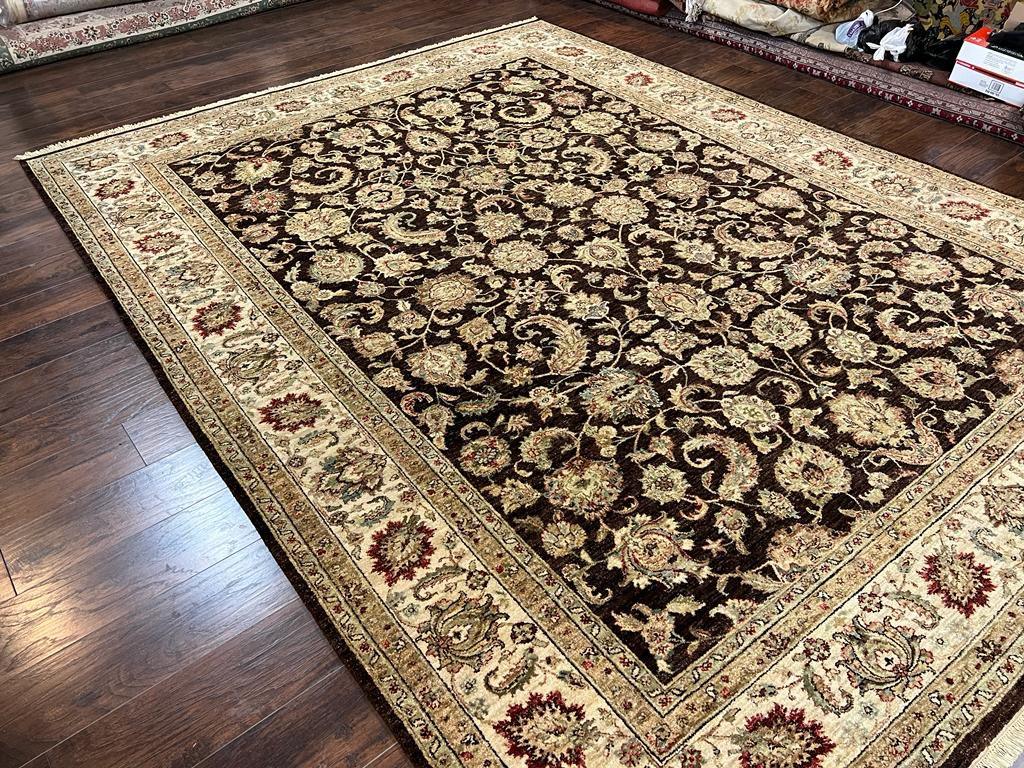Indo Persian Rug 9x12, Vintage Indian Oriental Carpet 9 x 12 ft, Brown and Cream Hand Knotted Area Rug, Floral Allover Wool Traditional Rug - Jewel Rugs