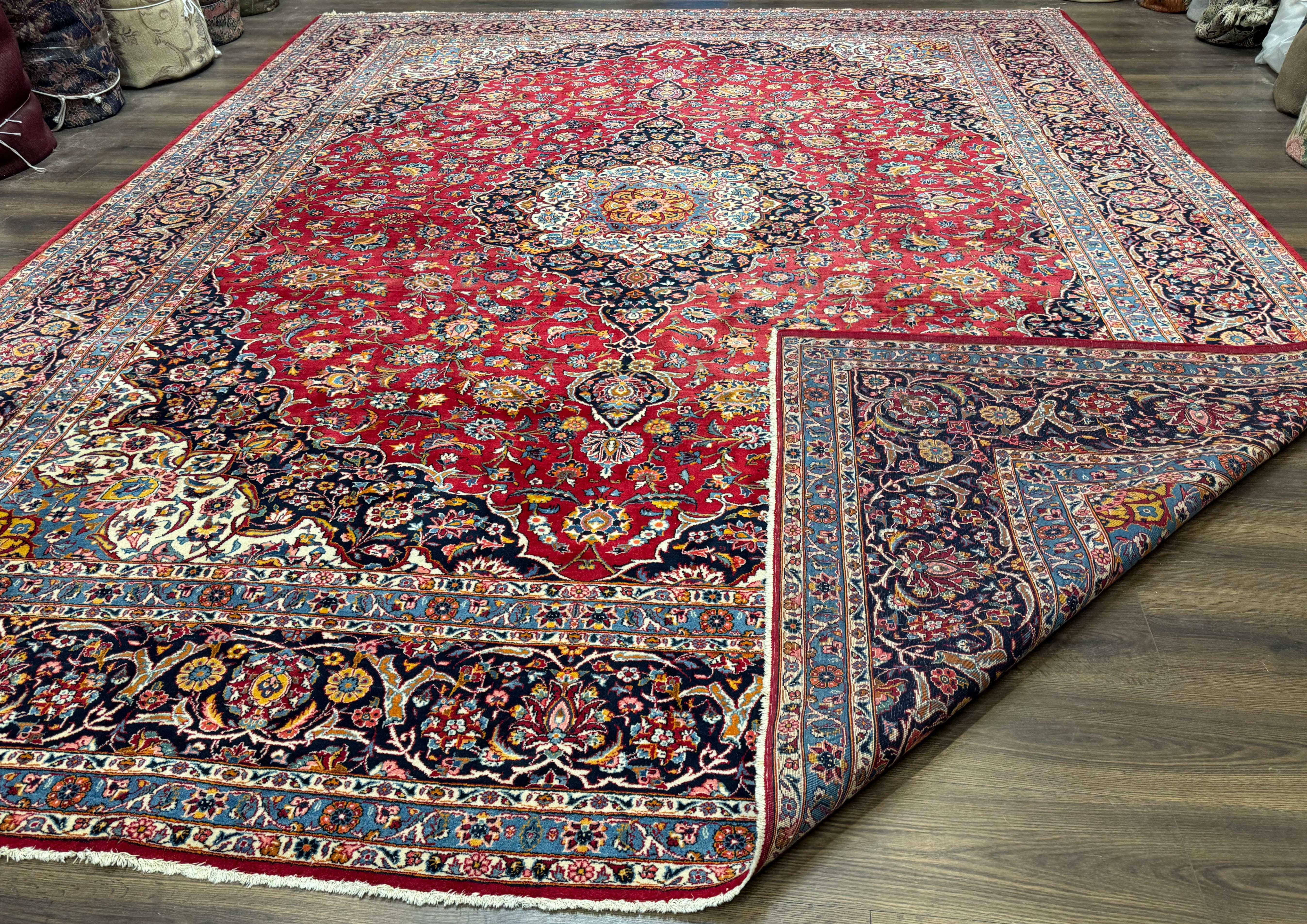 Large Persian Kashan Rug 11x14, Traditional Persian Carpet, Wool, Fine 250 KPSI, Red Navy Blue - Jewel Rugs