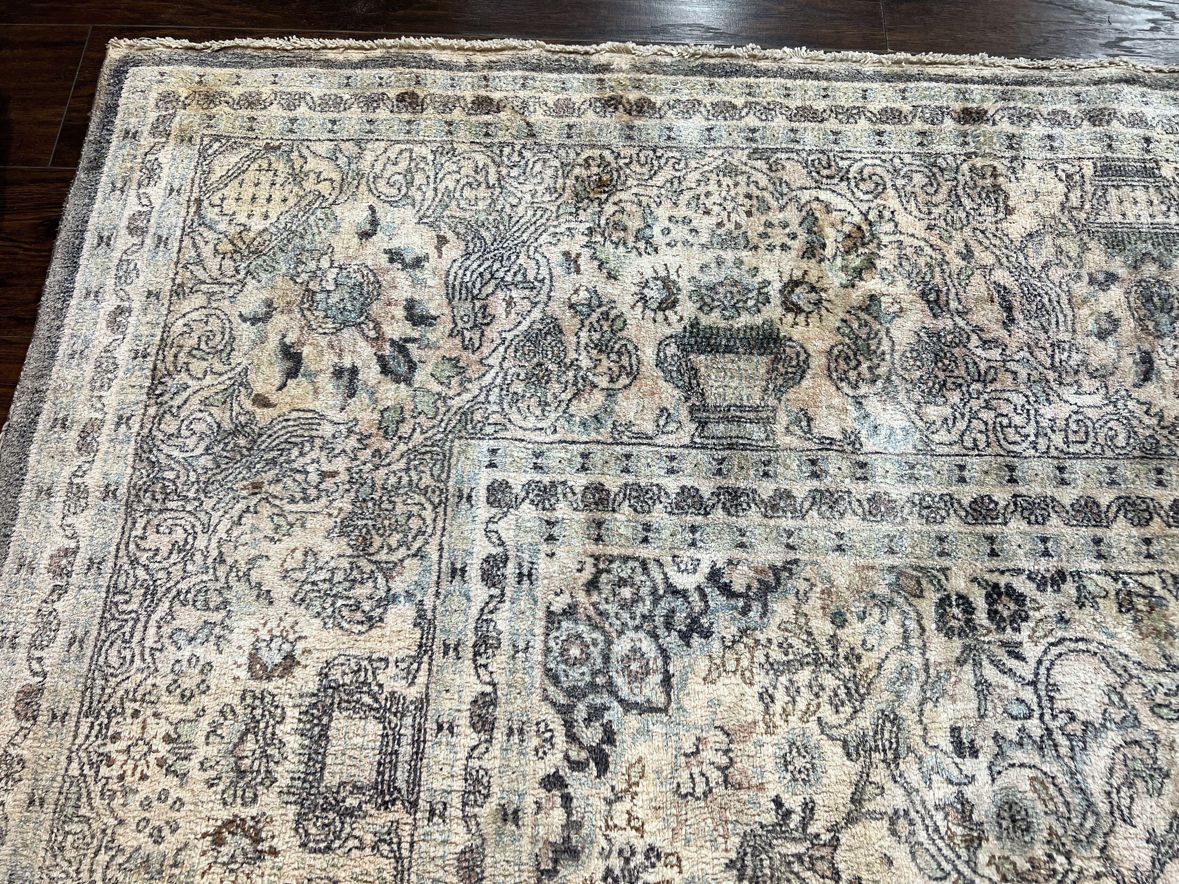 Silk Pak Persian Rug 10x14, Large Fine Silk Carpet 300 KPSI, Dark Gray, Handmade Vintage Rug, Floral, Bird Motifs - Jewel Rugs
