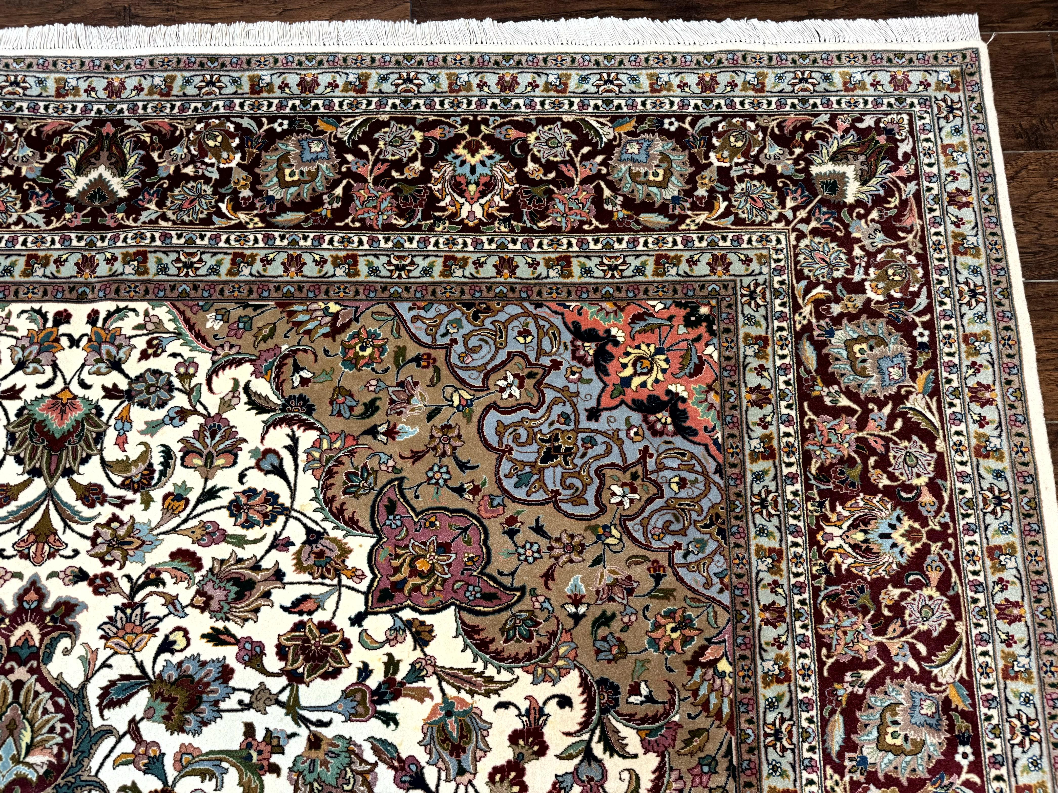 Persian Tabriz Rug 8x11, Floral Medallion Traditional Area Rug, Fine 300 KPSI, Ivory Maroon - Jewel Rugs