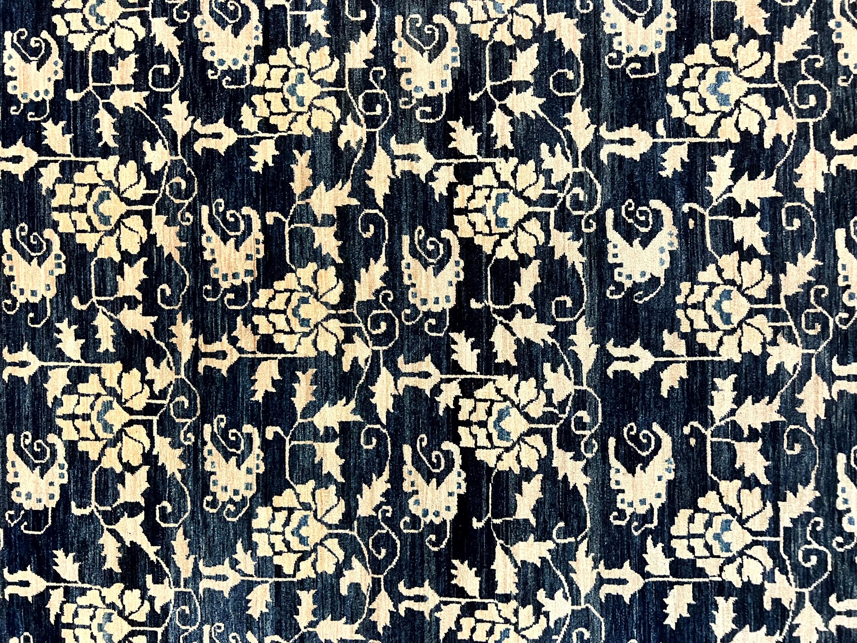 Sino Persian Rug 6x9, Hand Knotted Wool Carpet, Floral Allover, Blue Cream-Tan - Jewel Rugs