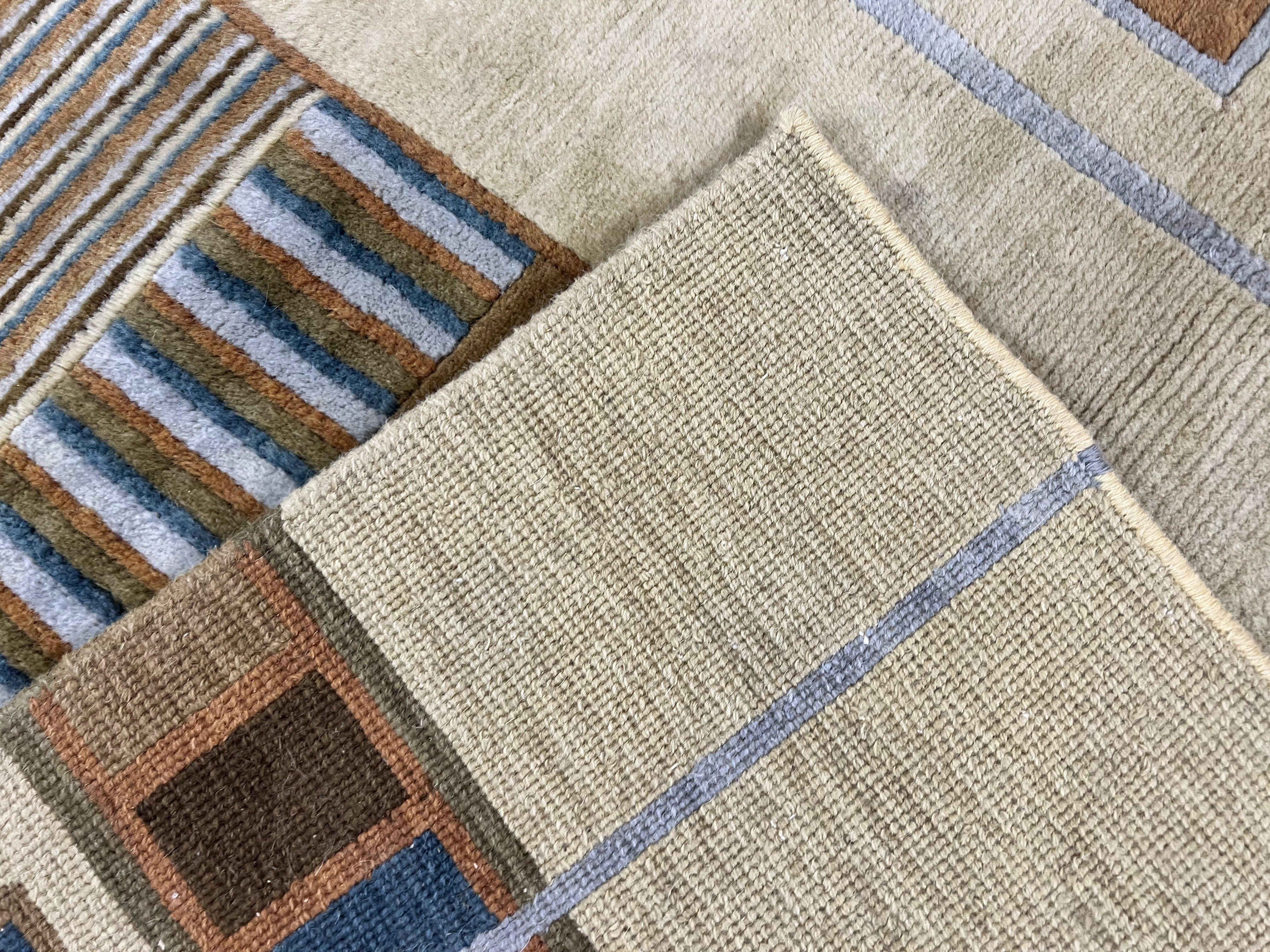 Tibetan Rug 5x8, Contemporary Rug 5 x 8 ft, Cream Brown Blue Hand-Knotted Wool w/ Silk Highlights Tibetan Carpet, Modern Rug - Jewel Rugs