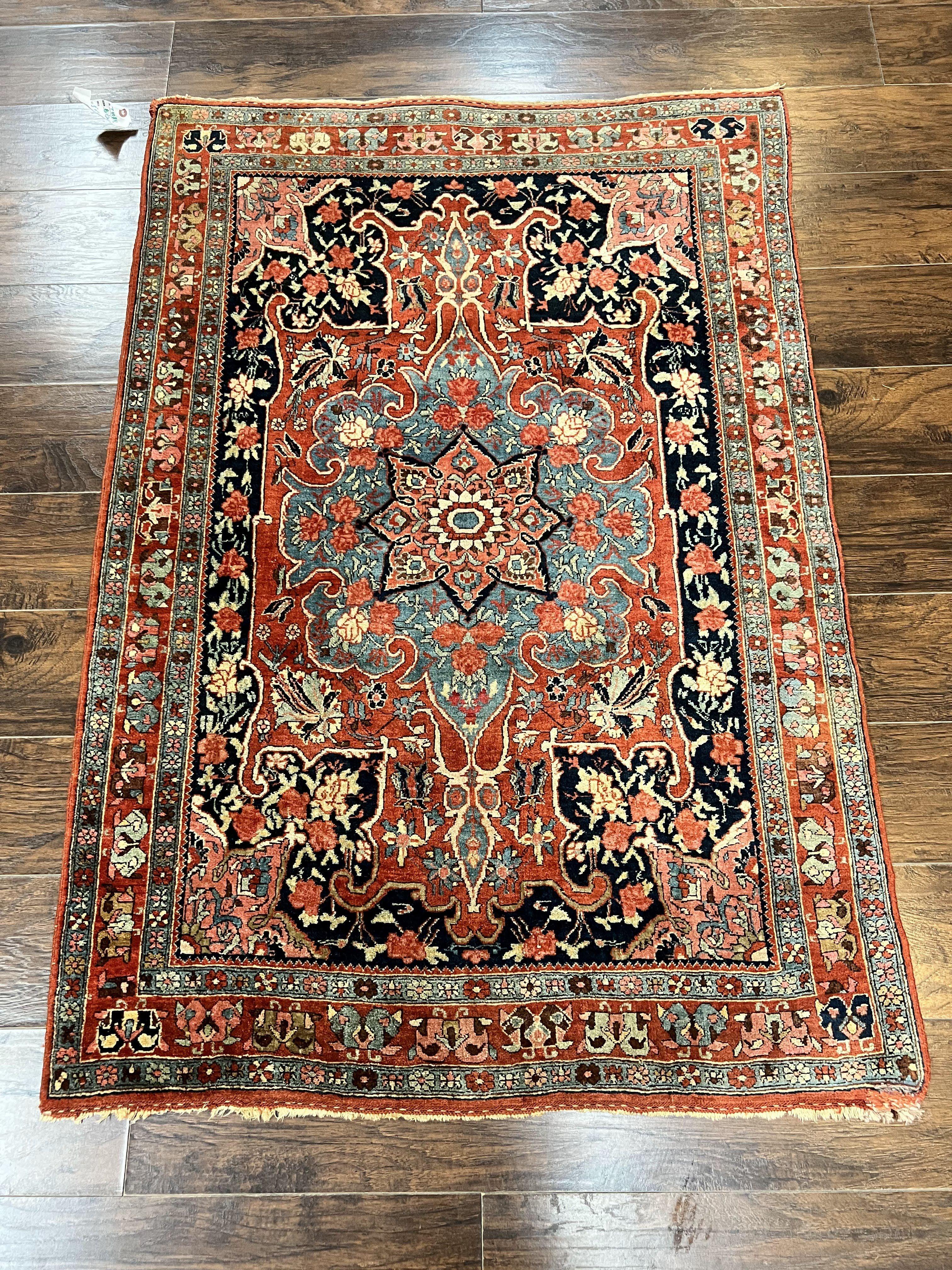 Antique Persian Bidjar Rug 4x5, Red and Blue, Hand Knotted Wool Carpet - Jewel Rugs