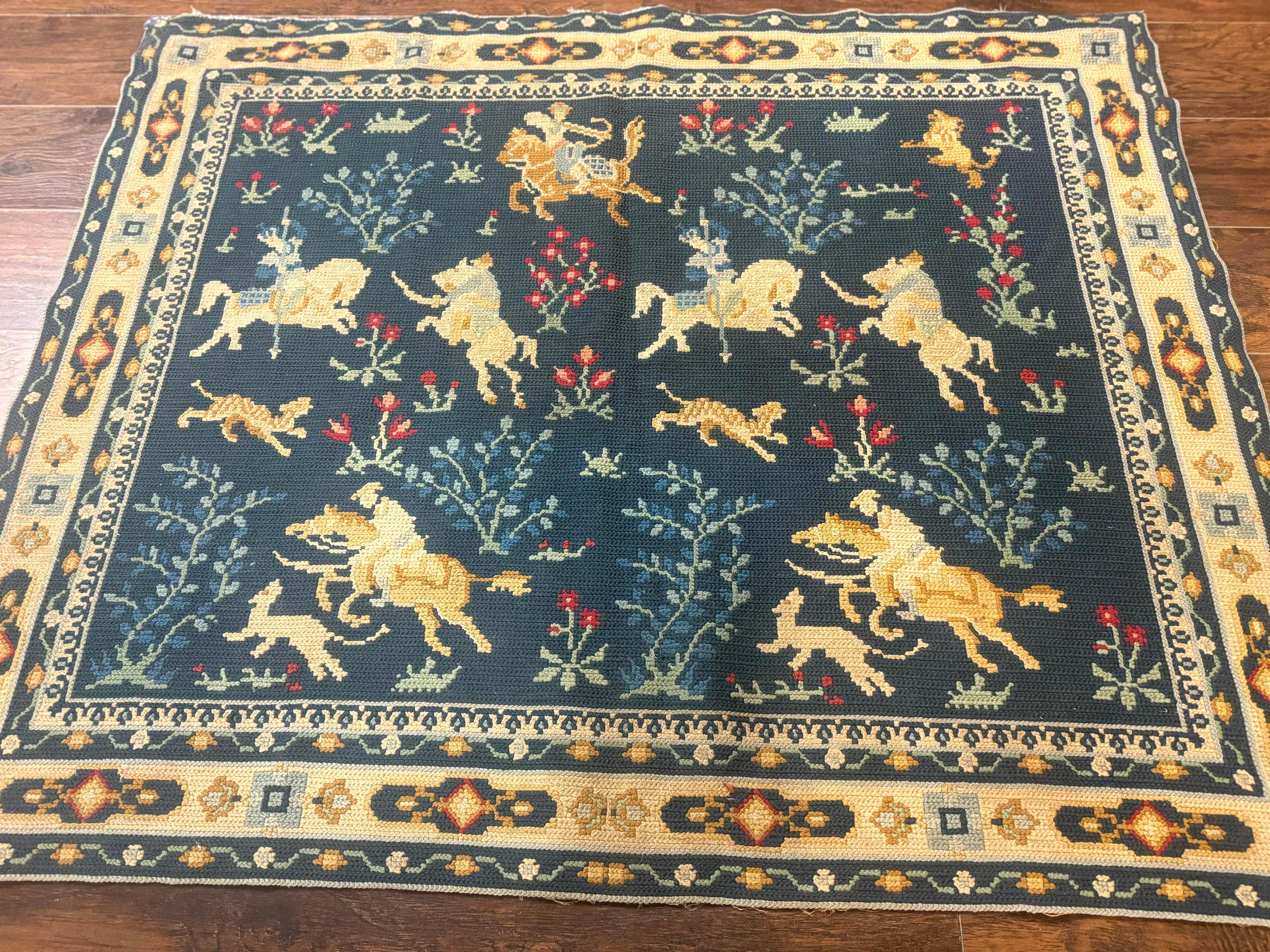 Antique Portuguese Wall Hanging Tapestry Rug, Hunting Design, Horsemen, Handmade, Flatweave - Jewel Rugs