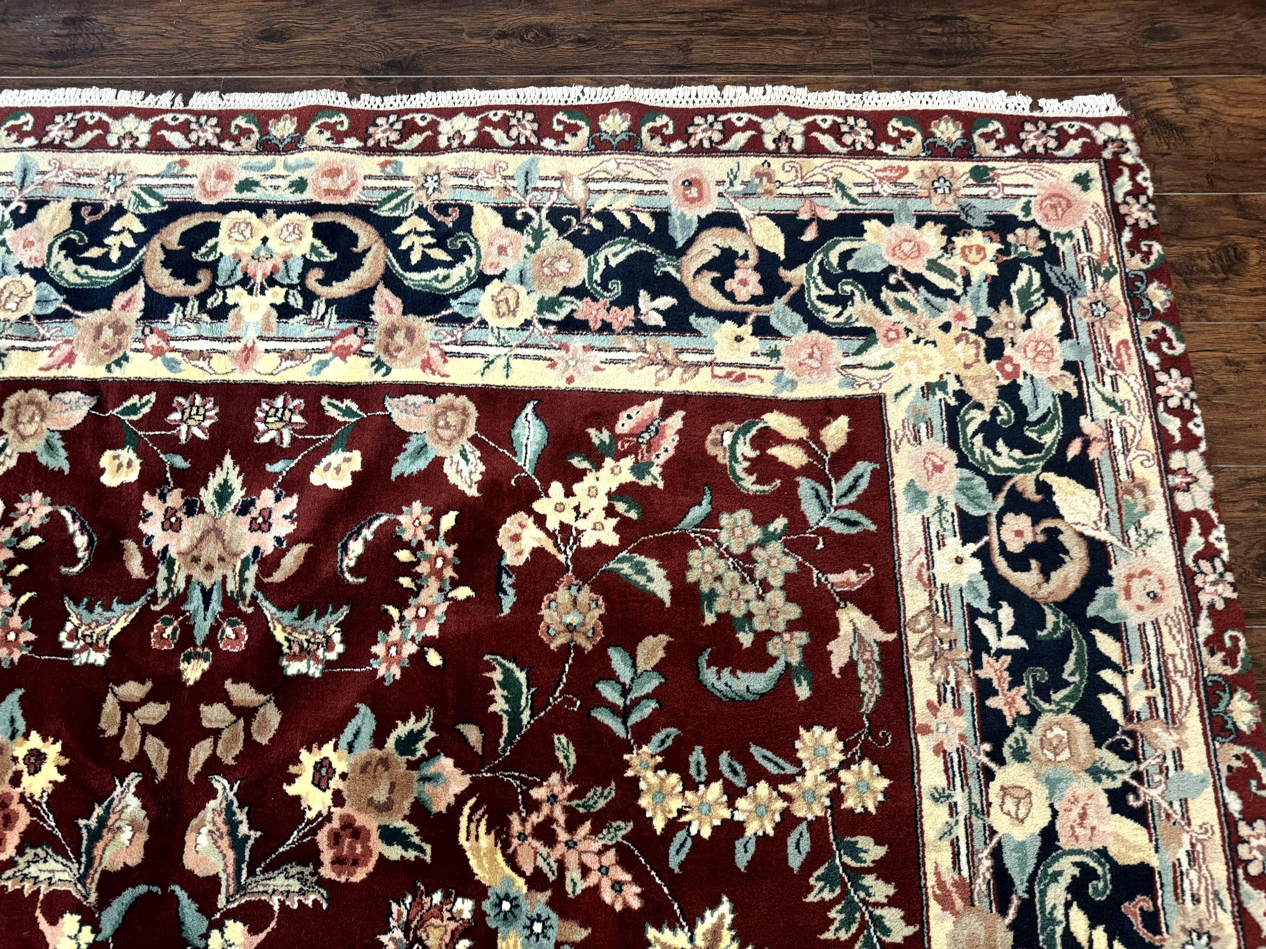 Indo Persian Rug 8x10, Floral Allover with Bird Pictorials, Maroon and Navy Blue, Handmade Wool Area Rug - Jewel Rugs