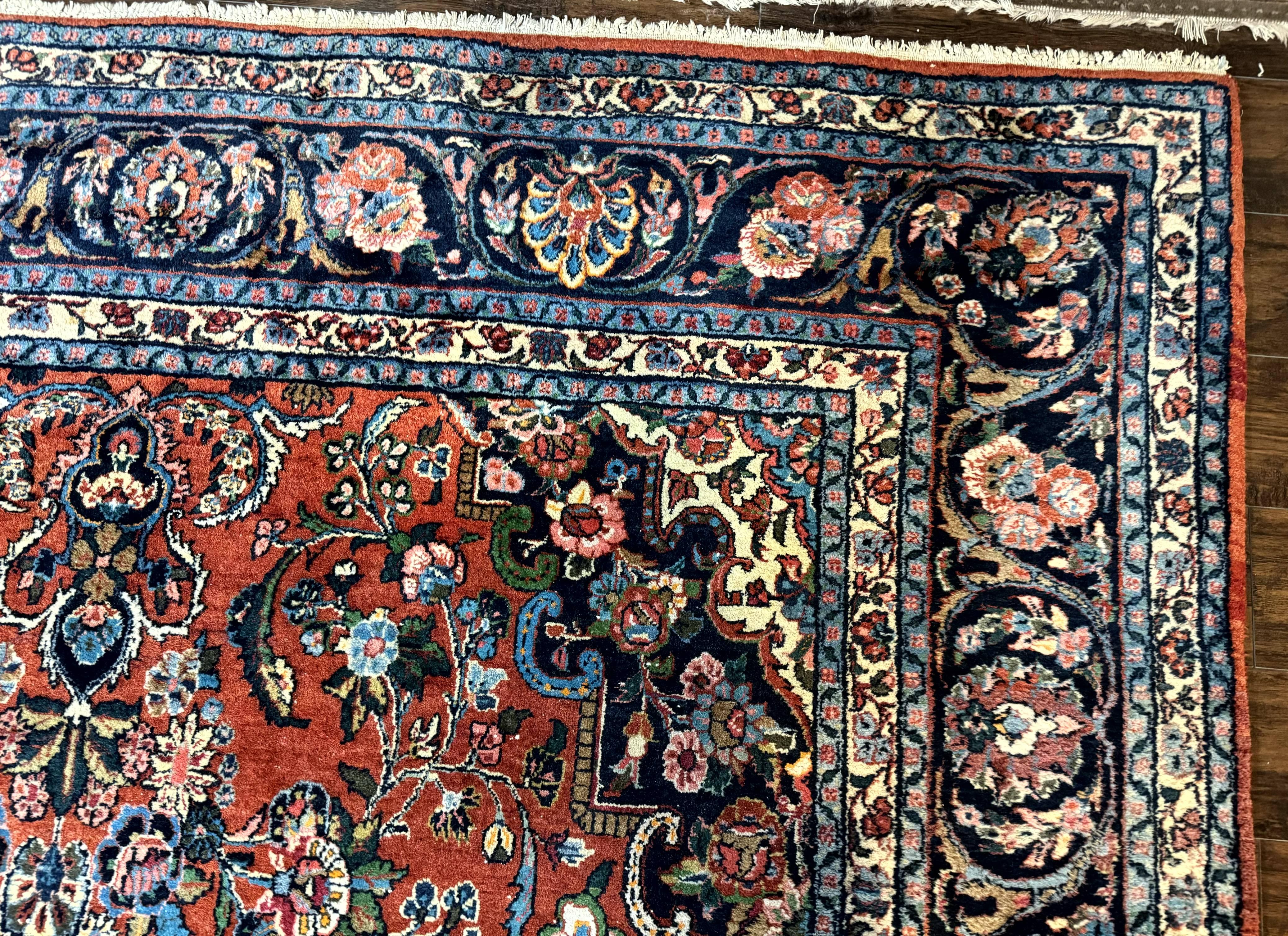 Palace Sized Antique Persian Rug 9x19, Handmade Wool Persian Carpet, Red Navy Blue, Floral Medallion - Jewel Rugs