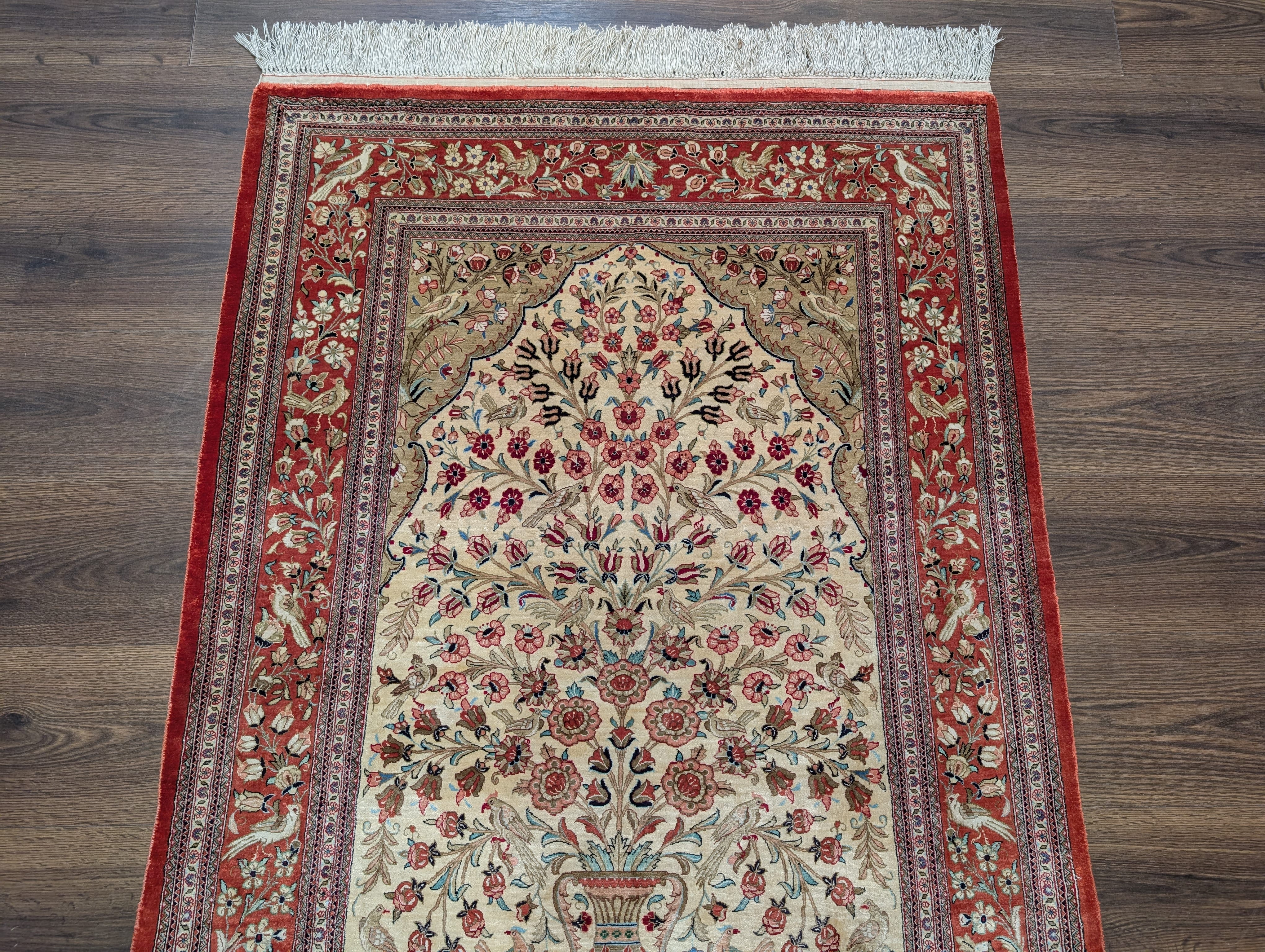 Silk Qum Persian Rug 3x5 – Tree of Life Design with Birds & Vase, 630 KPSI - Jewel Rugs