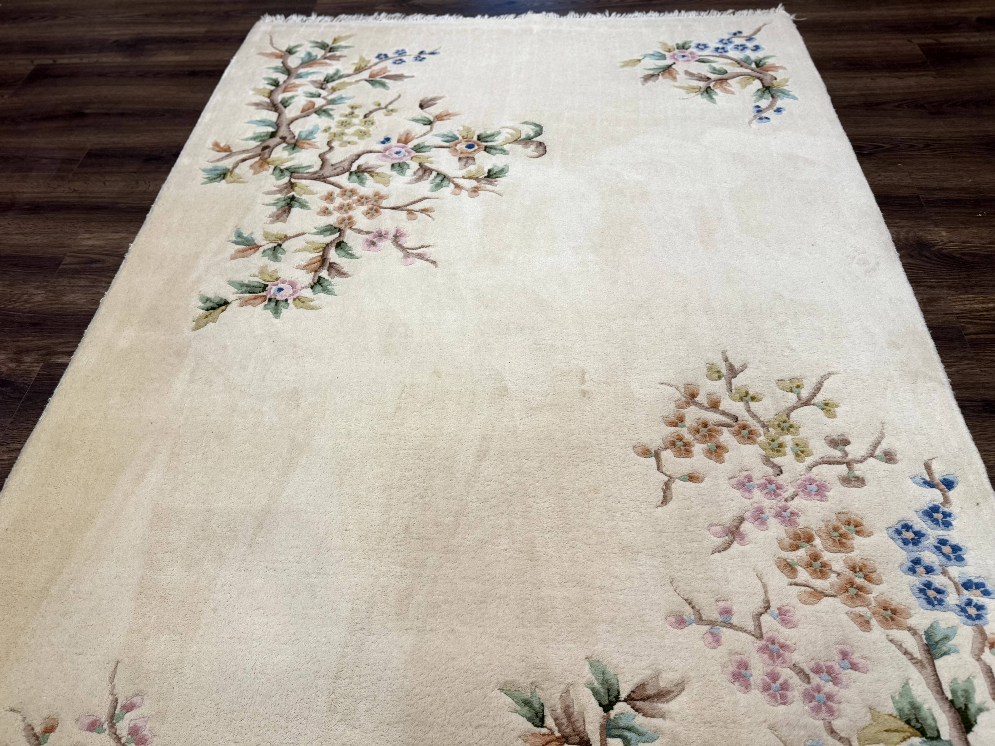 Indo Chinese Wool Rug 5x9, Simple Design, Floral, Ivory, Vintage - Jewel Rugs