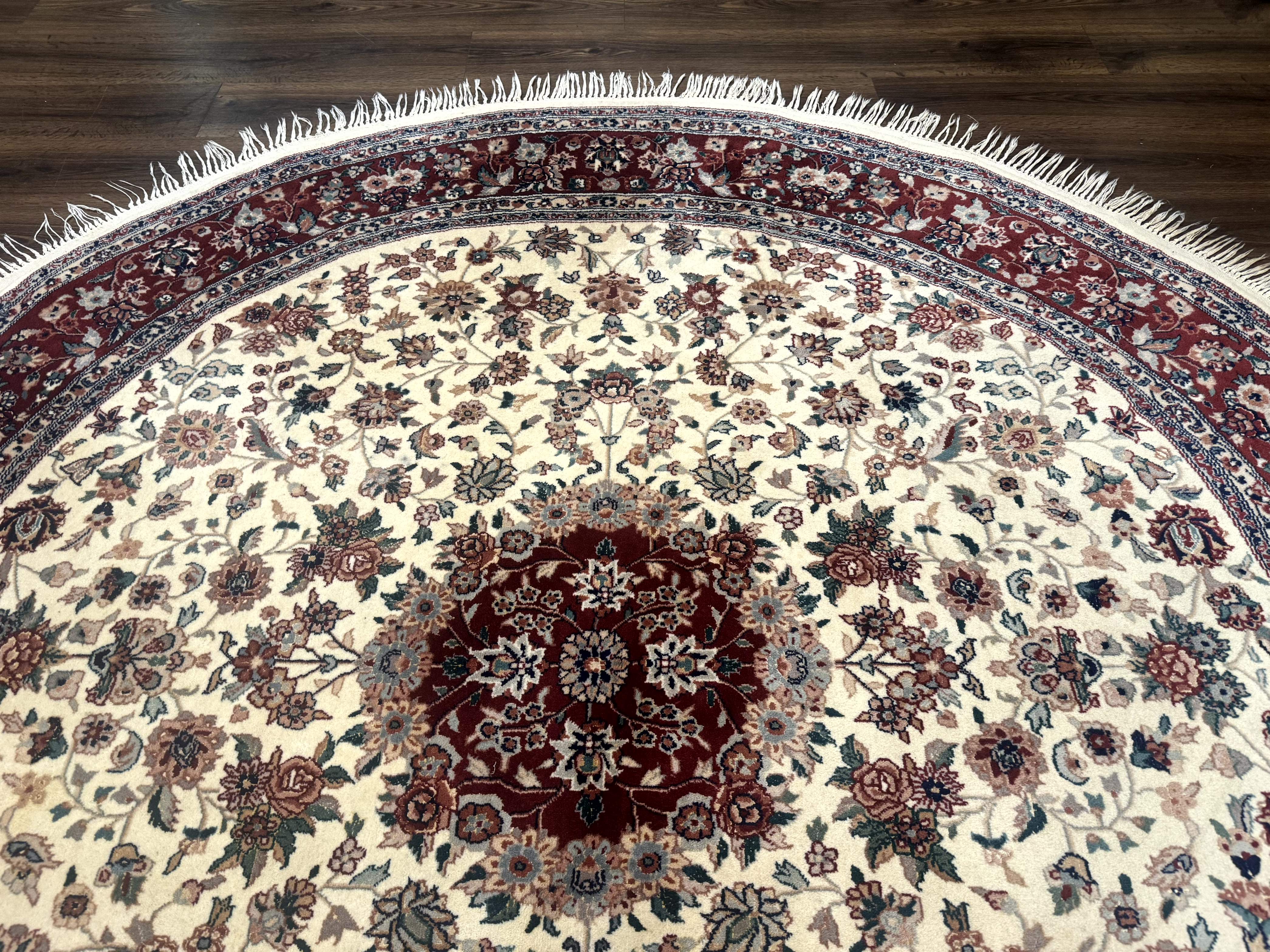 Round Sino Persian Rug 8x8, Wool and Silk, Floral Medallion, Ivory Dark Red - Jewel Rugs
