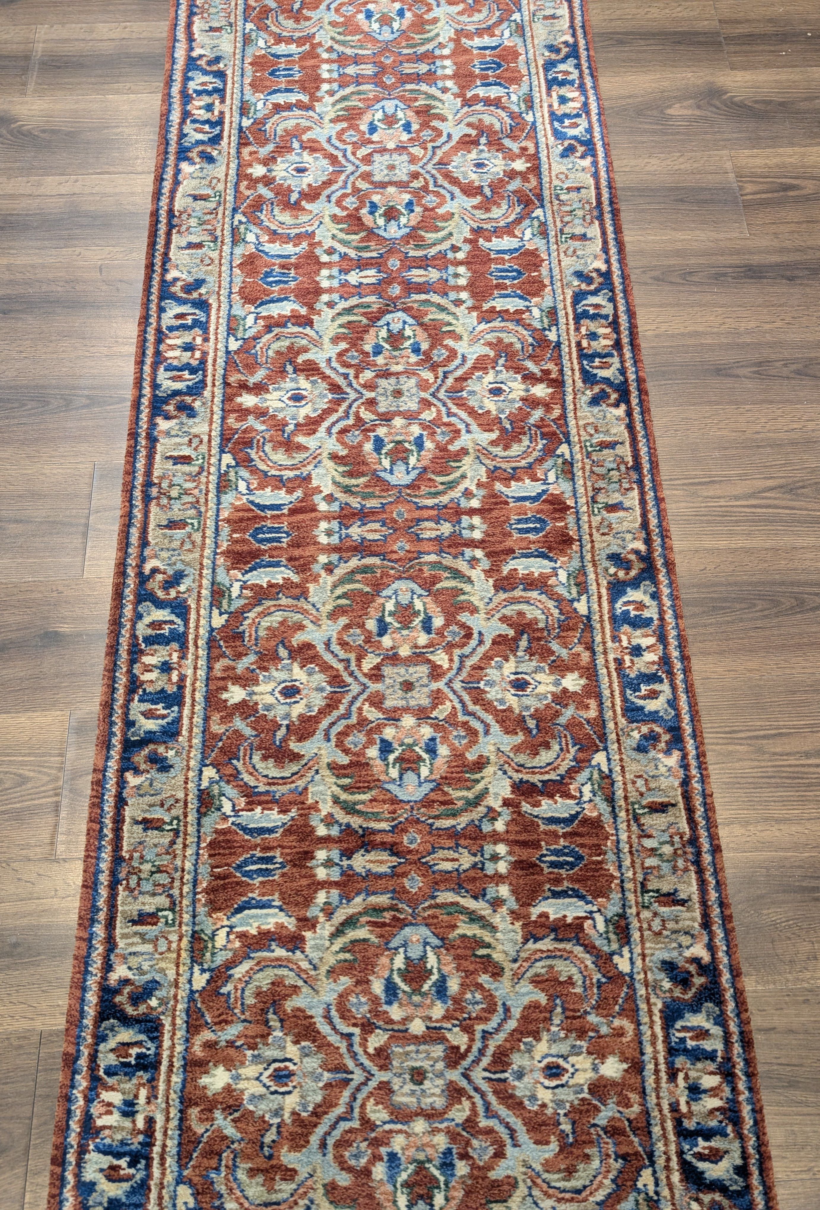 Indo Persian Runner Rug 2.6 x 16, Long Narrow Rug for Hallway, Brick Red and Blue - Jewel Rugs