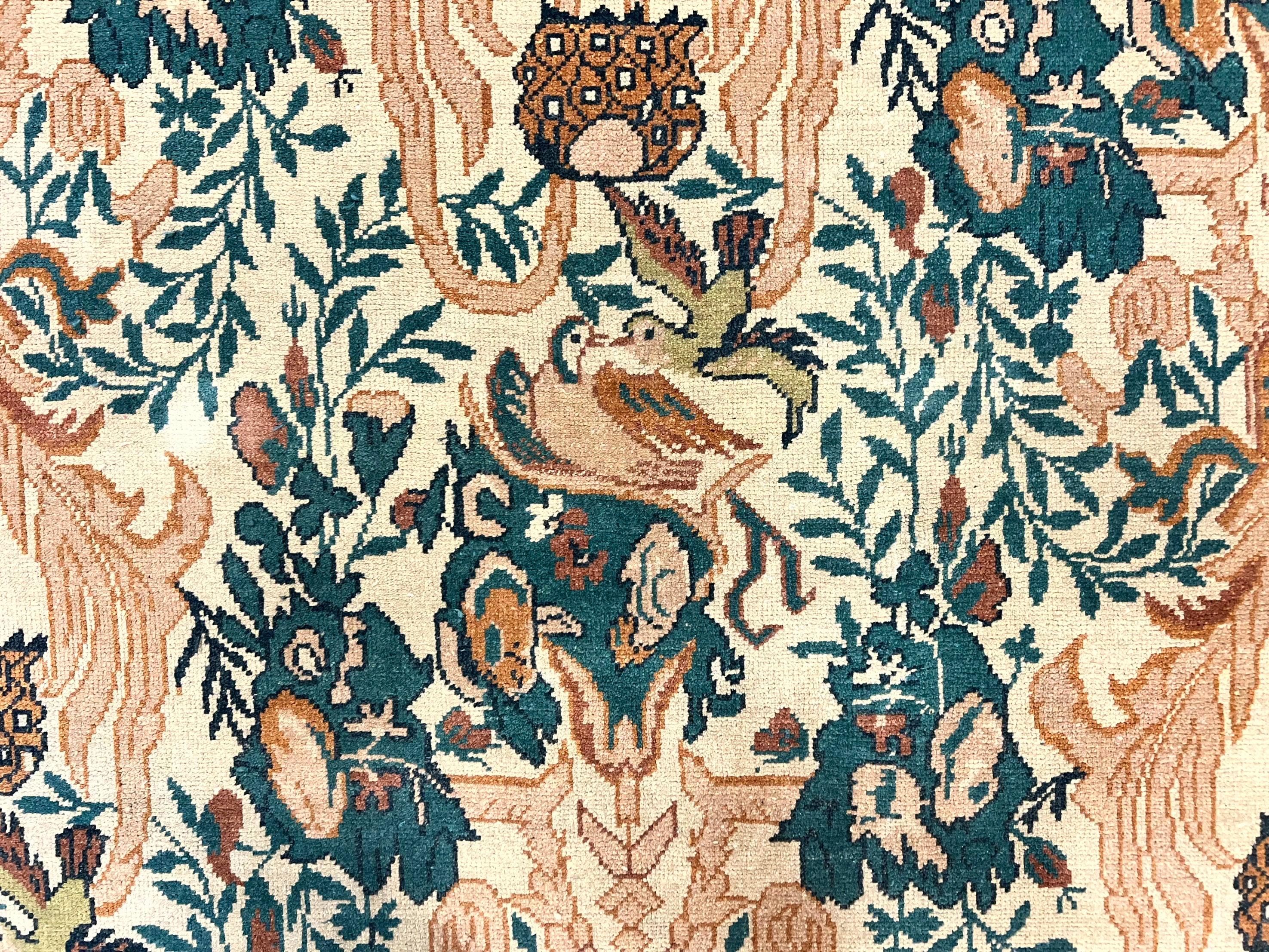 10x13 Wool Rug, Floral Pattern, Birds, Handmade Vintage Carpet, Couristan Rug, Beige - Jewel Rugs
