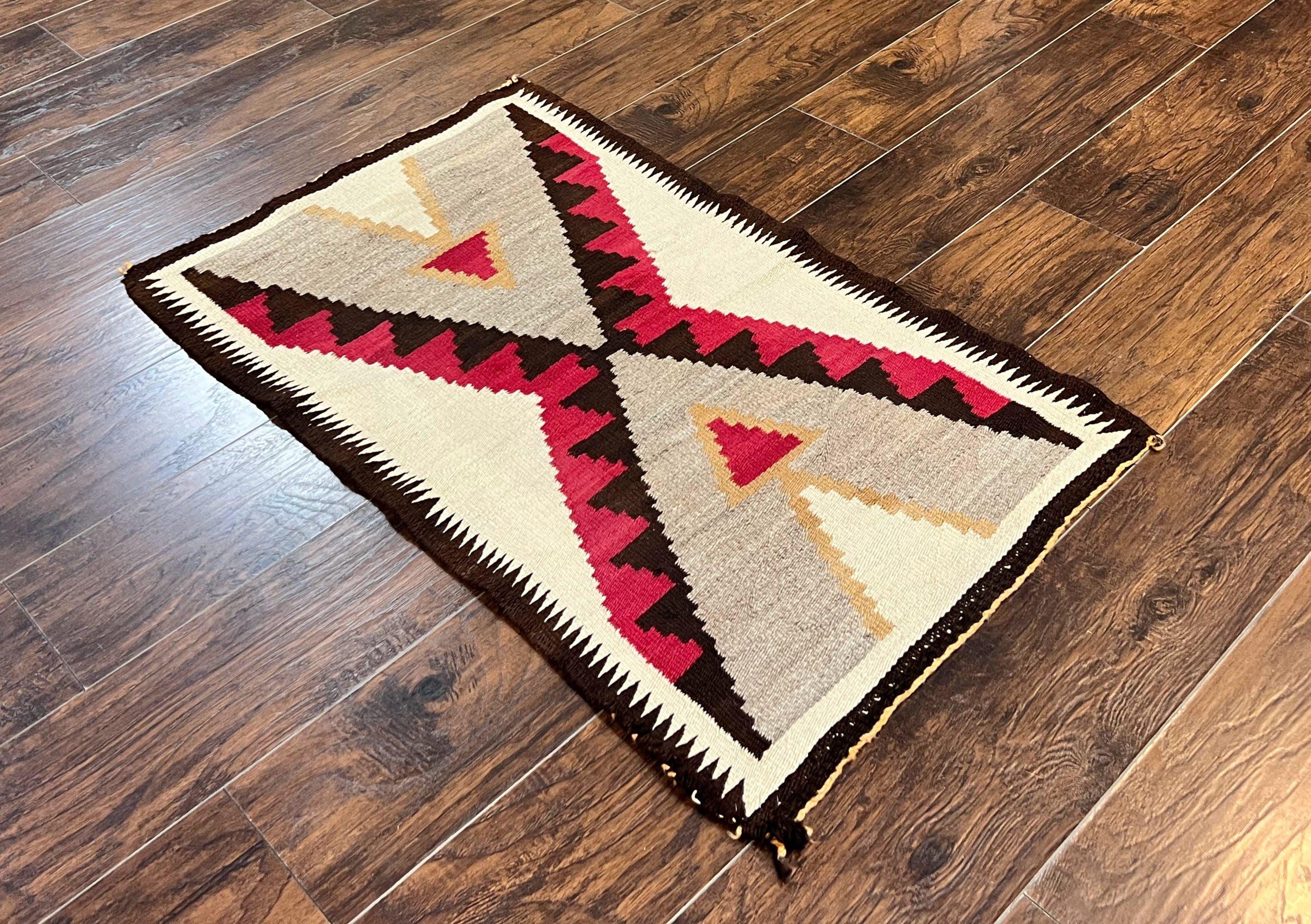Antique Navajo Rug 2x4, Collectible Native American Wool Handmade Rug, Ivory Black Red Gray, Vintage Navajo Textile - Jewel Rugs