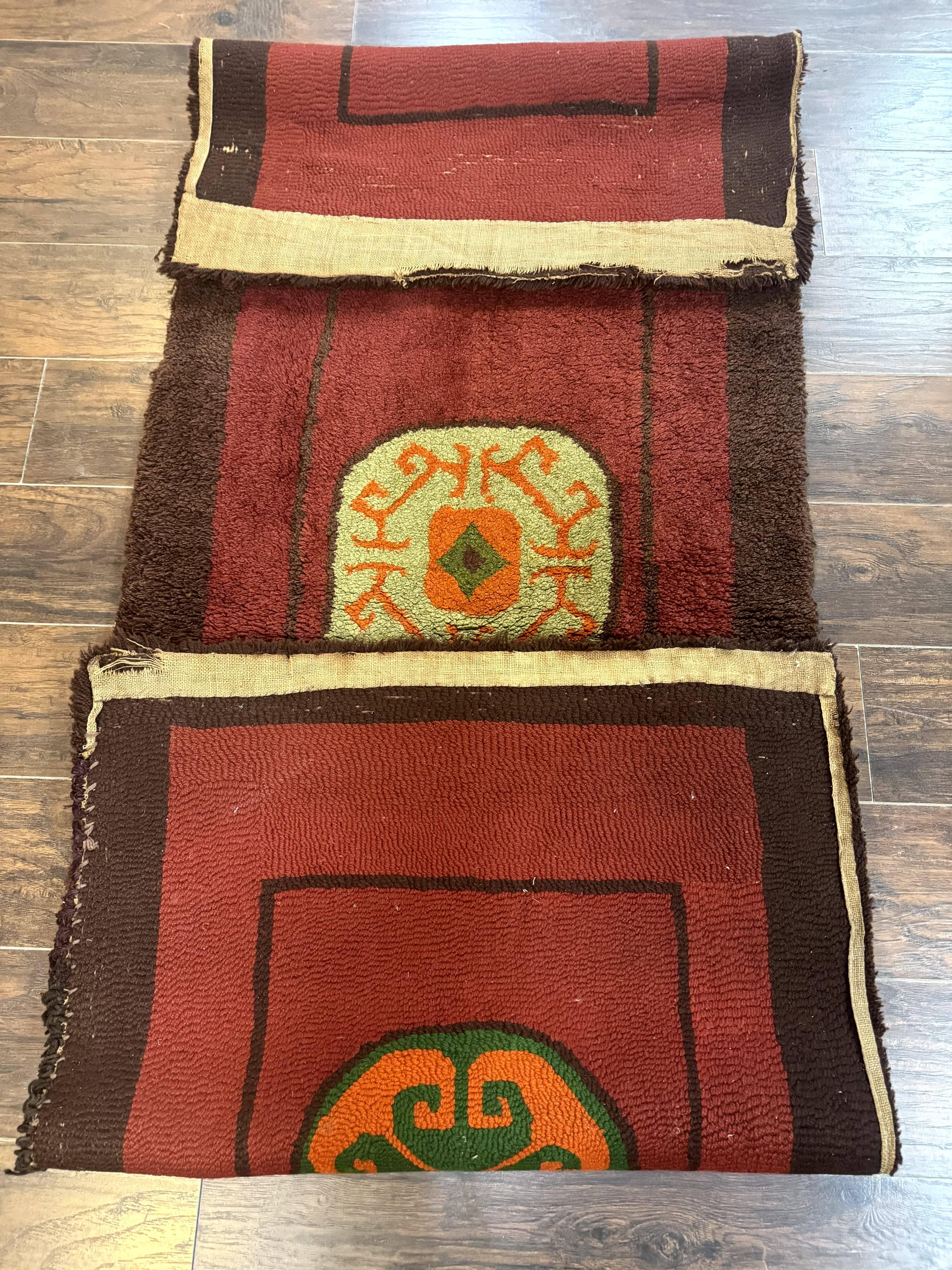 German Hooked Runner Rug 3x8, Vintage, Red, Wool - Jewel Rugs