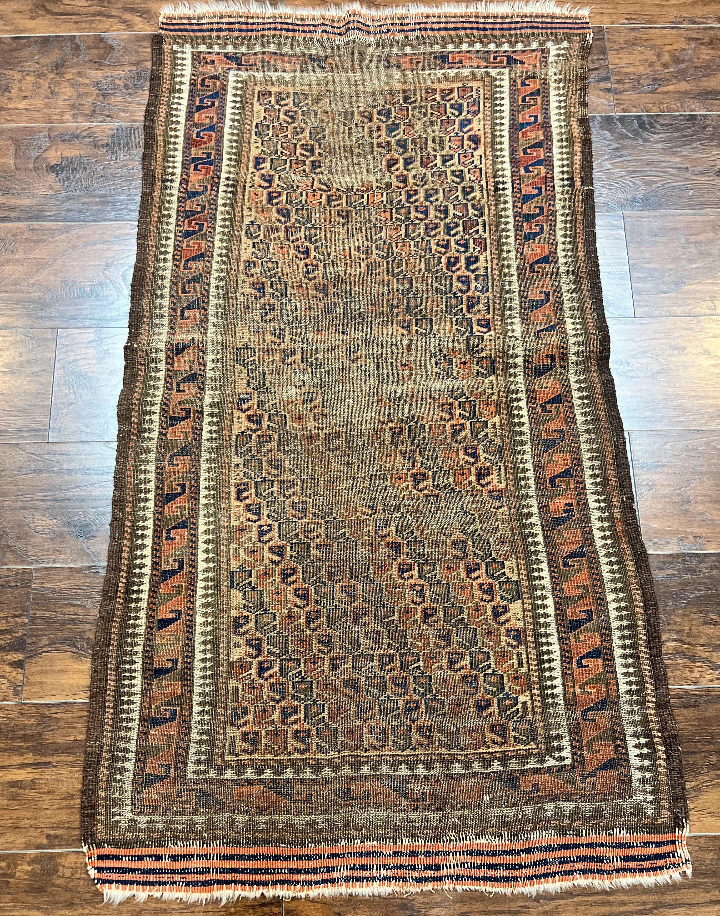 Antique Balouch Rug 3x5, Wool Hand Knotted Carpet, Allover Pattern, Afghan Tribal Rug, Low Pile Distressed Vintage Oriental Carpet - Jewel Rugs