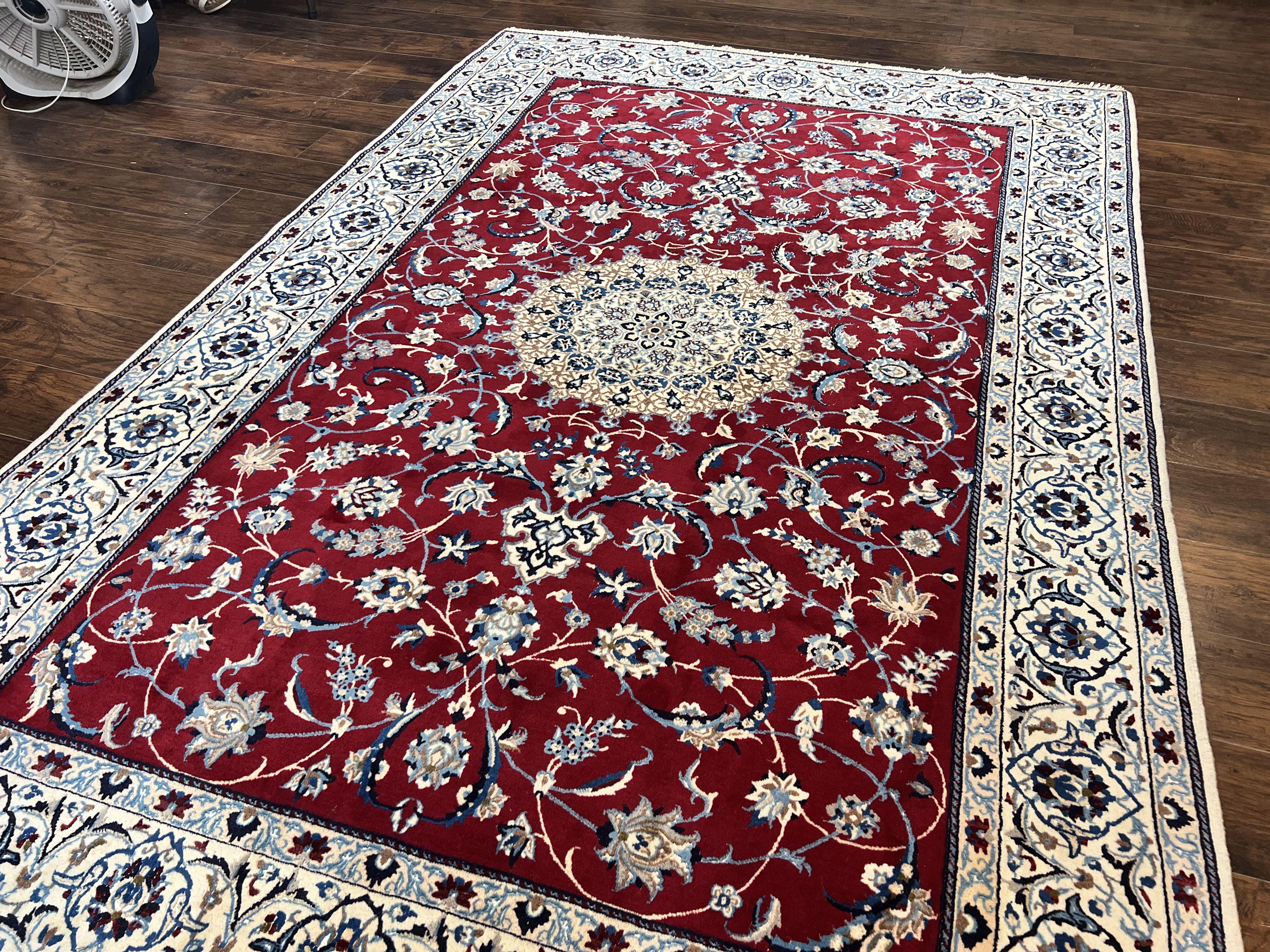 Persian Nain Rug 6x10, Wool and Silk Highlights, Red and Ivory, Floral Medallion, Vintage Handmade Hand Knotted, Fine 225 KPSI, Traditional Rug - Jewel Rugs