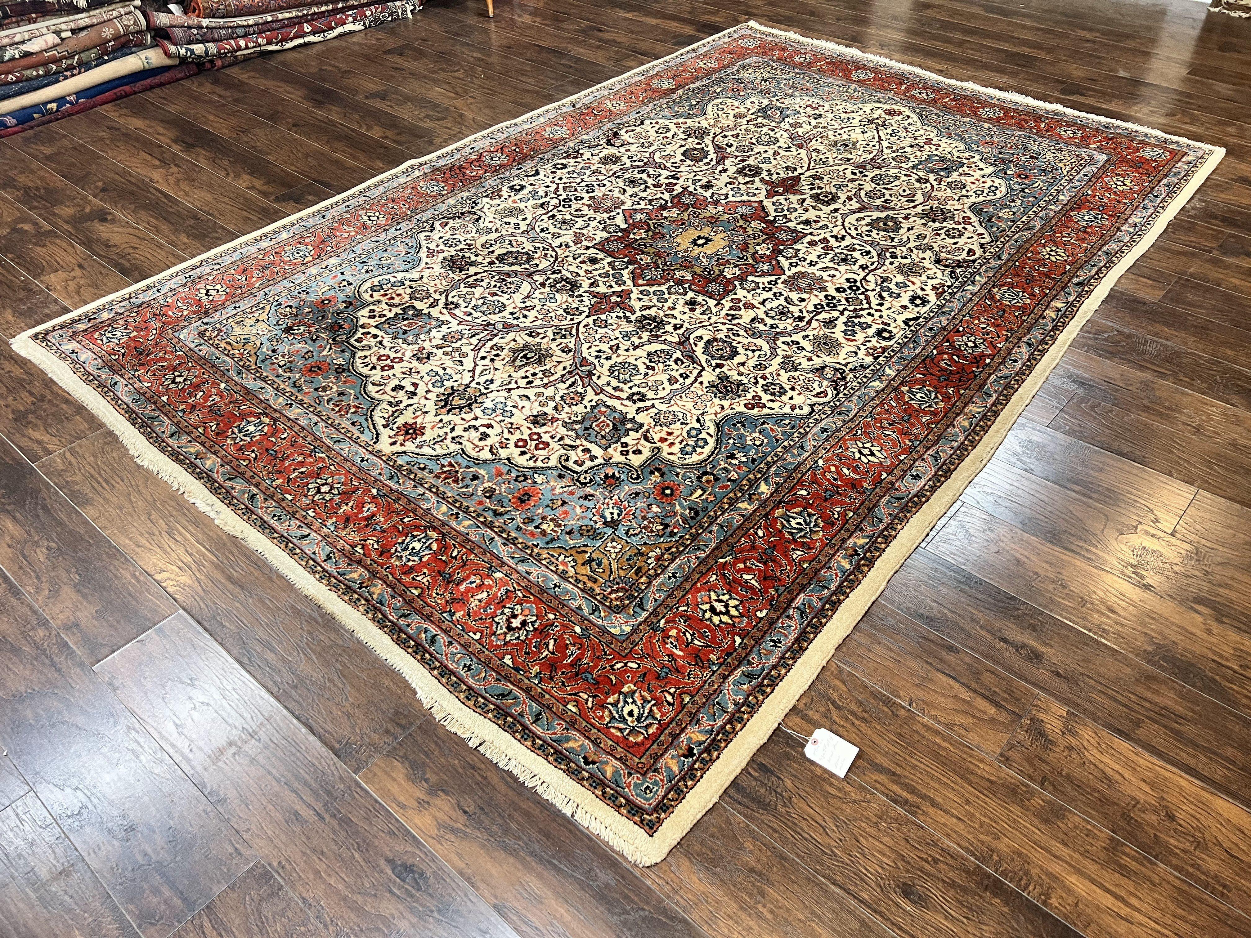 Persian Sarouk Rug 8x12, Wool Hand Knotted Antique Carpet, Floral Medallion, Cream Red, Traditional Oriental Rug - Jewel Rugs