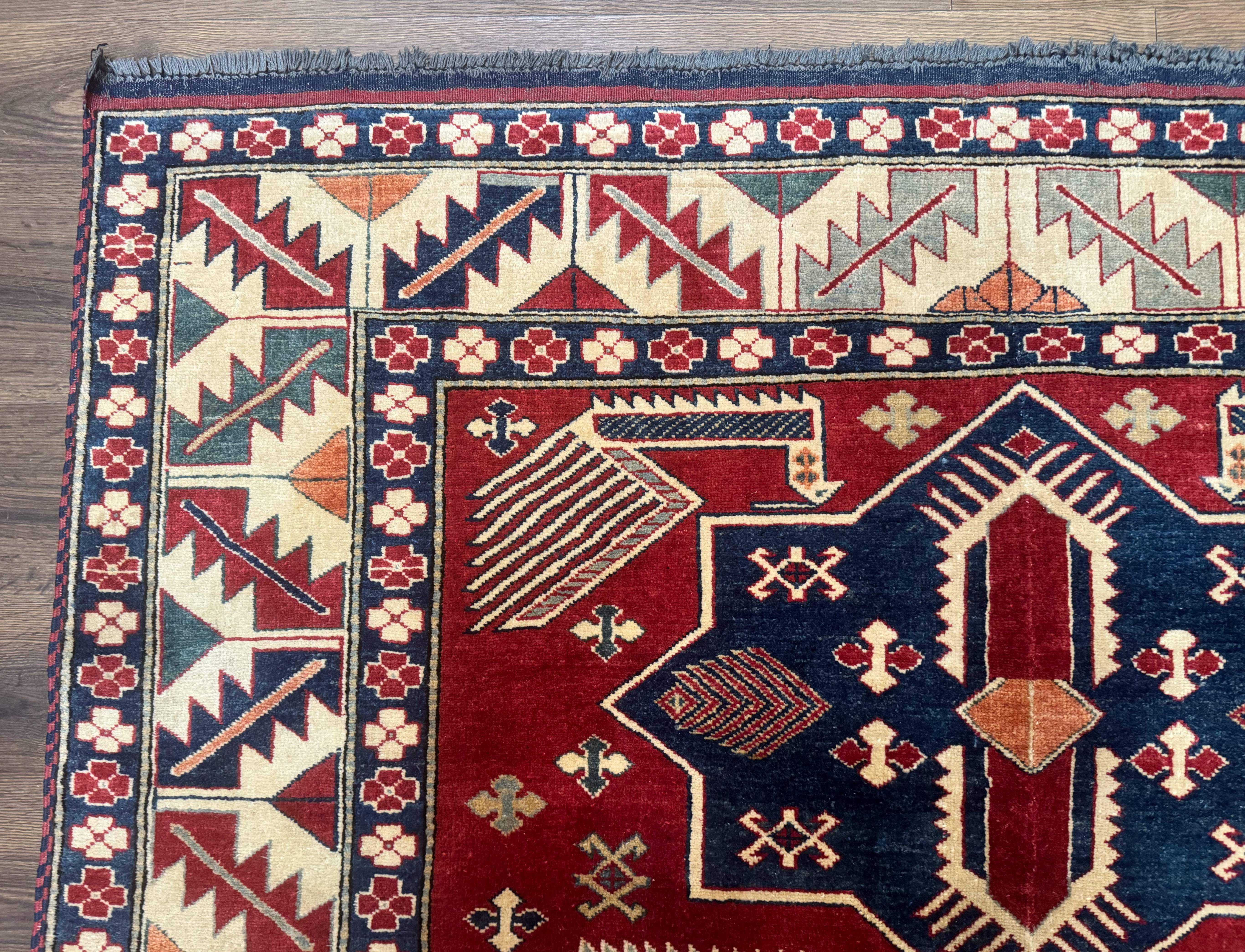 Turkish Kazak Rug 6x8, Caucasian Design, Geometric Medallions, Red Blue Beige - Jewel Rugs