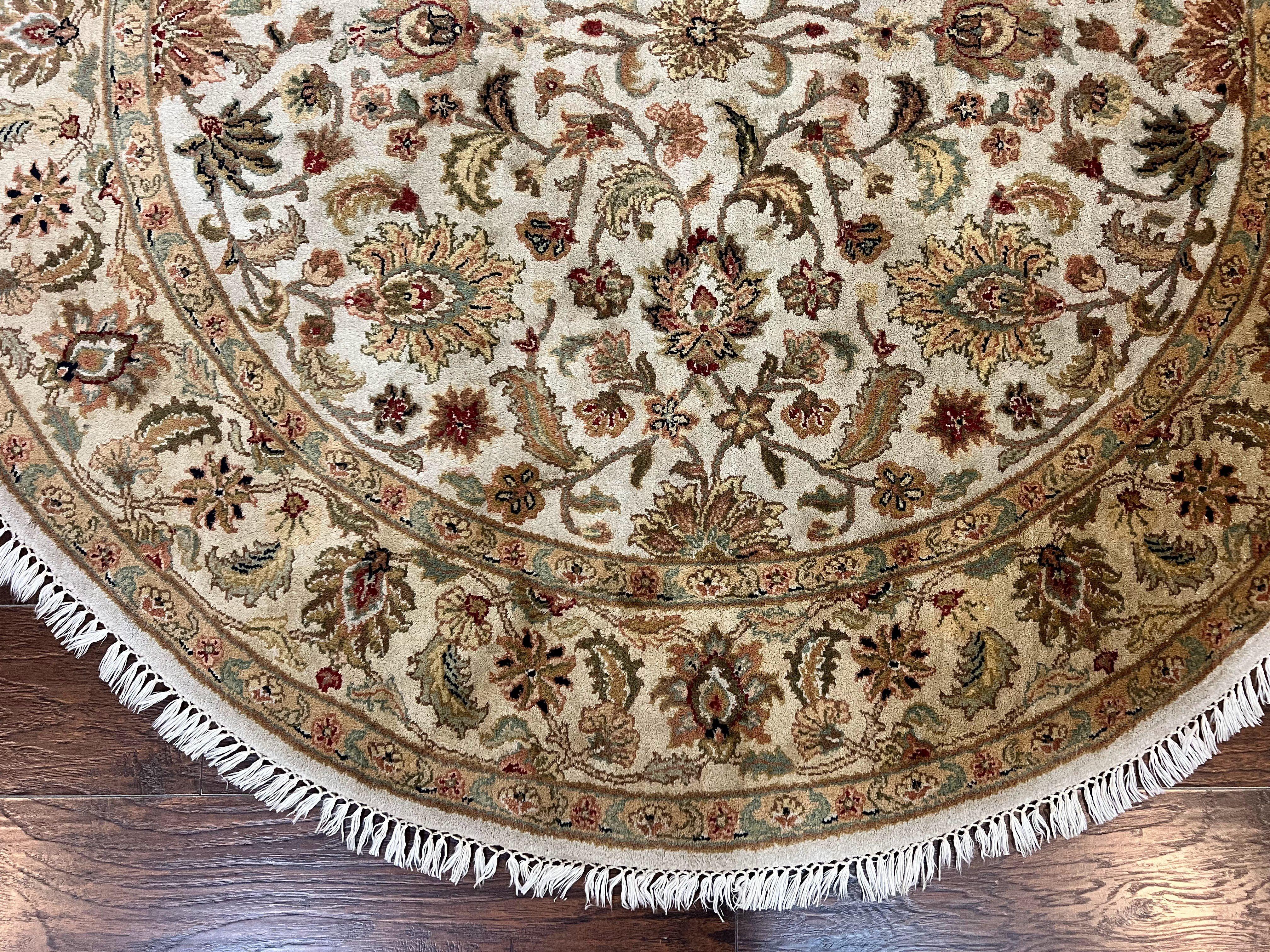 6x6 Round Rug, Indo Persian Round Oriental Carpet, 6ft Round, Beige Rug, Floral Allover, Vintage Hand Knotted Wool Carpet - Jewel Rugs
