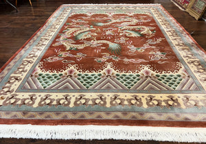 Red Chinese Wool Rug with Dragon Motifs 9x12, Chinese 90 Line Rug, Chinese Art Deco Rug, Handmade Vintage Oriental Rug