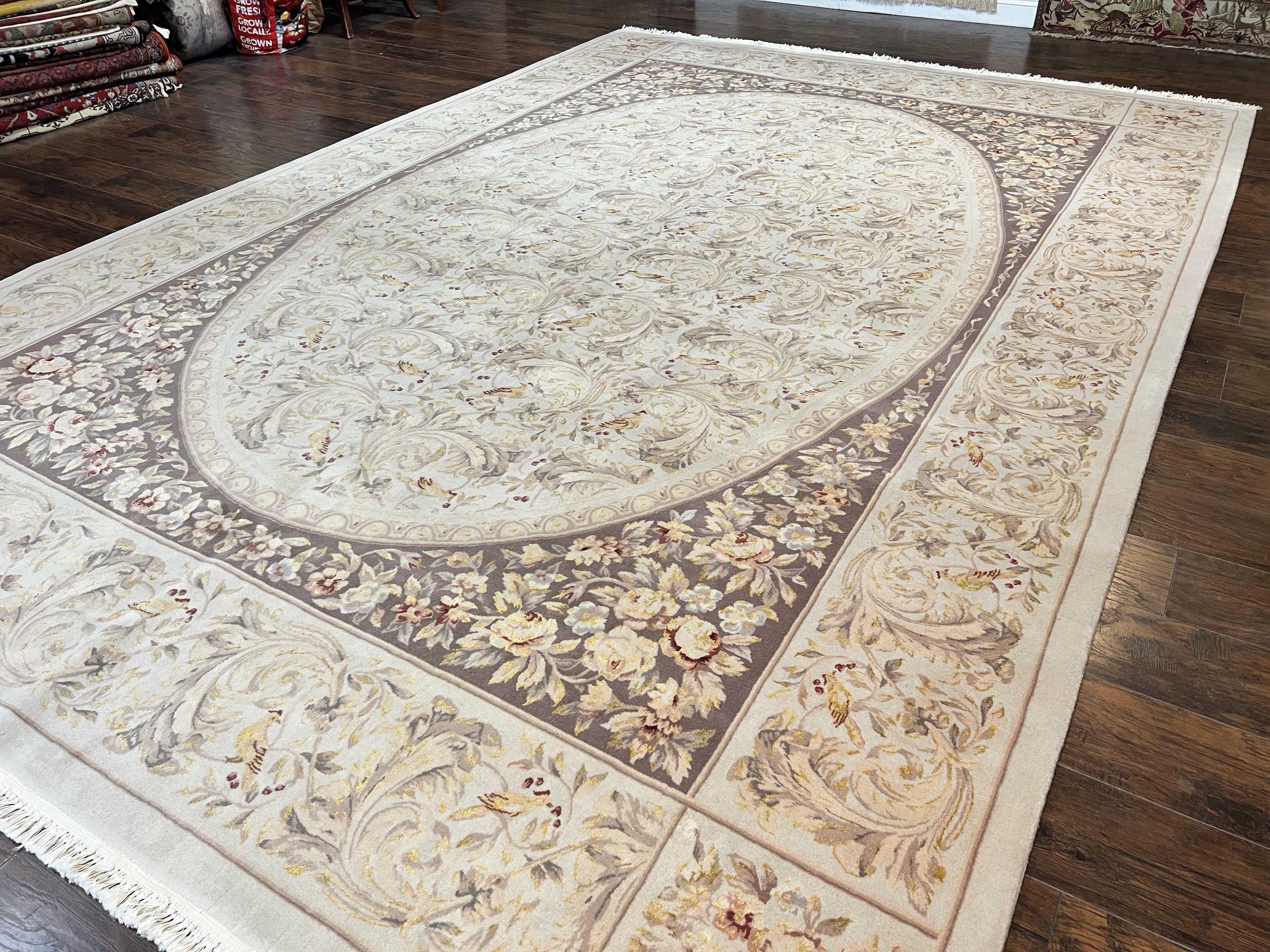 Aubusson Rug 10x14, Wool & Silk Highlights Hand Knotted Vintage Carpet, Birds Flowers, Fine Details, Elegant - Jewel Rugs
