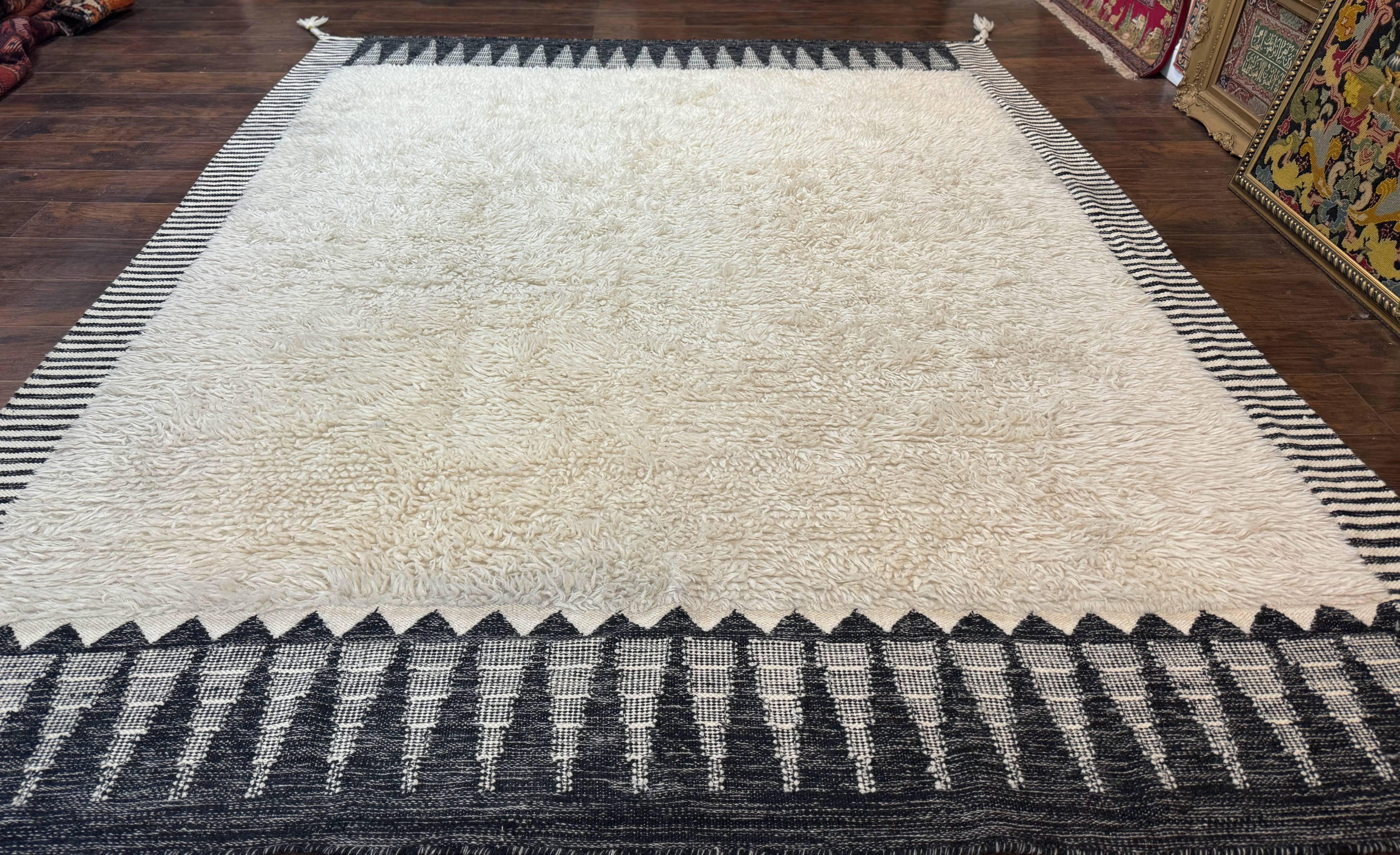 Ikat Border Shag Rug 8x10, Handmade Indian Shag Rug, Modern Contemporary - Jewel Rugs