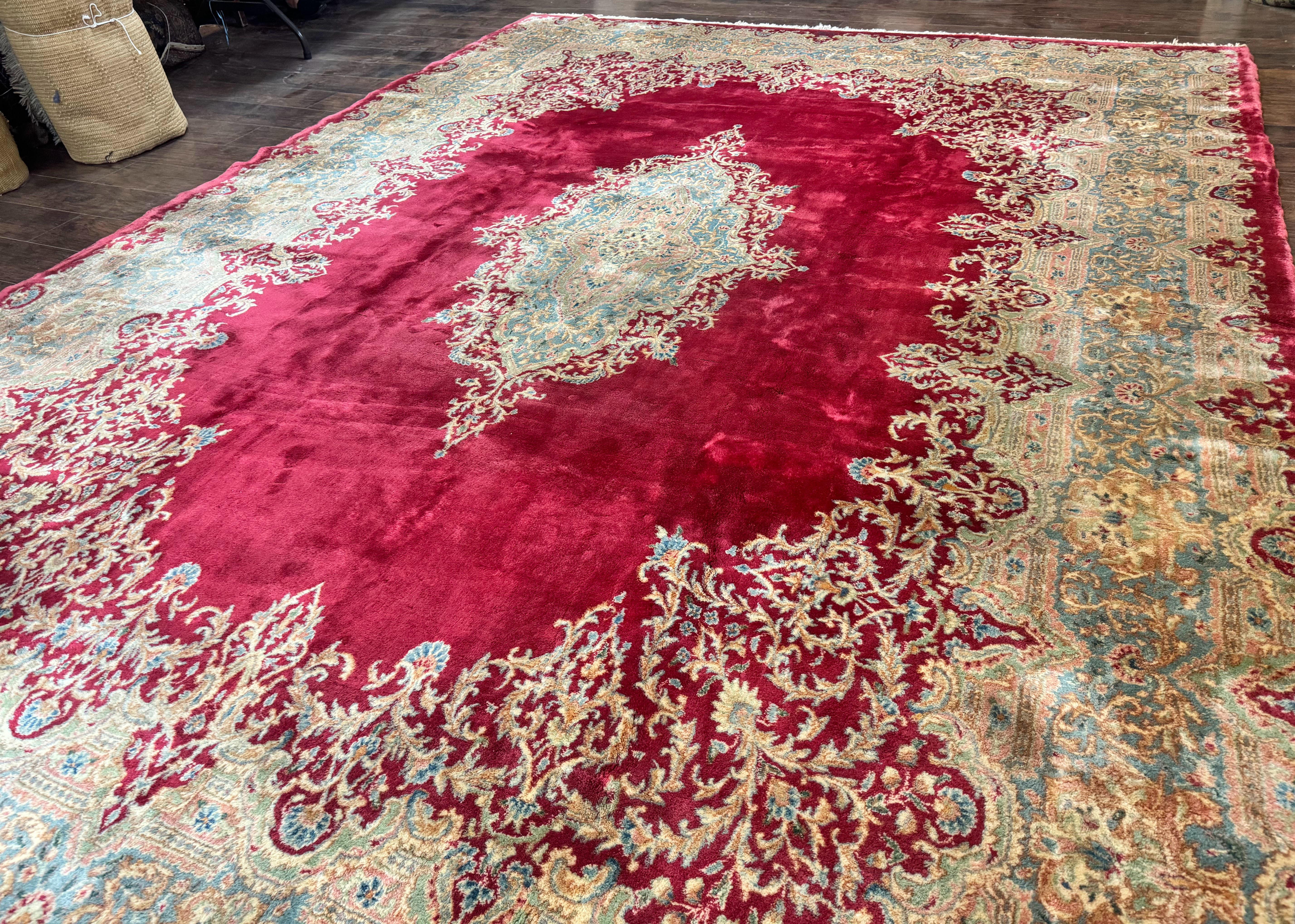 Persian Kirman Rug 10x14, Semi Open Field, Large Vintage Persian Carpet, Handmade Wool Rug, Red - Jewel Rugs