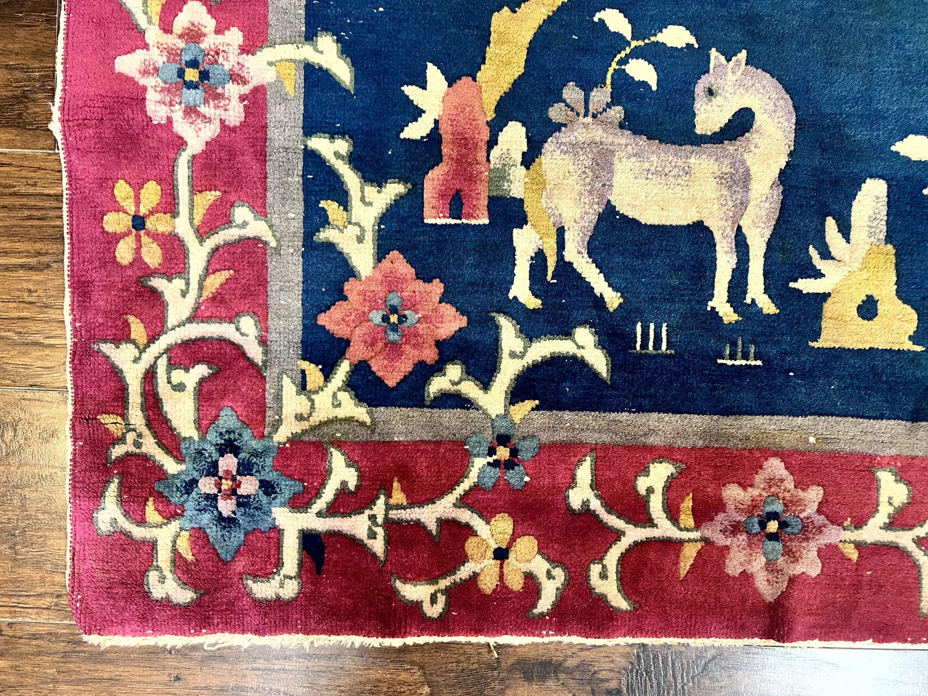 Antique Chinese Art Deco Rug, Animal Pictorials, Navy Blue and Magenta, Chinese Nichols Carpet, Wool - Jewel Rugs
