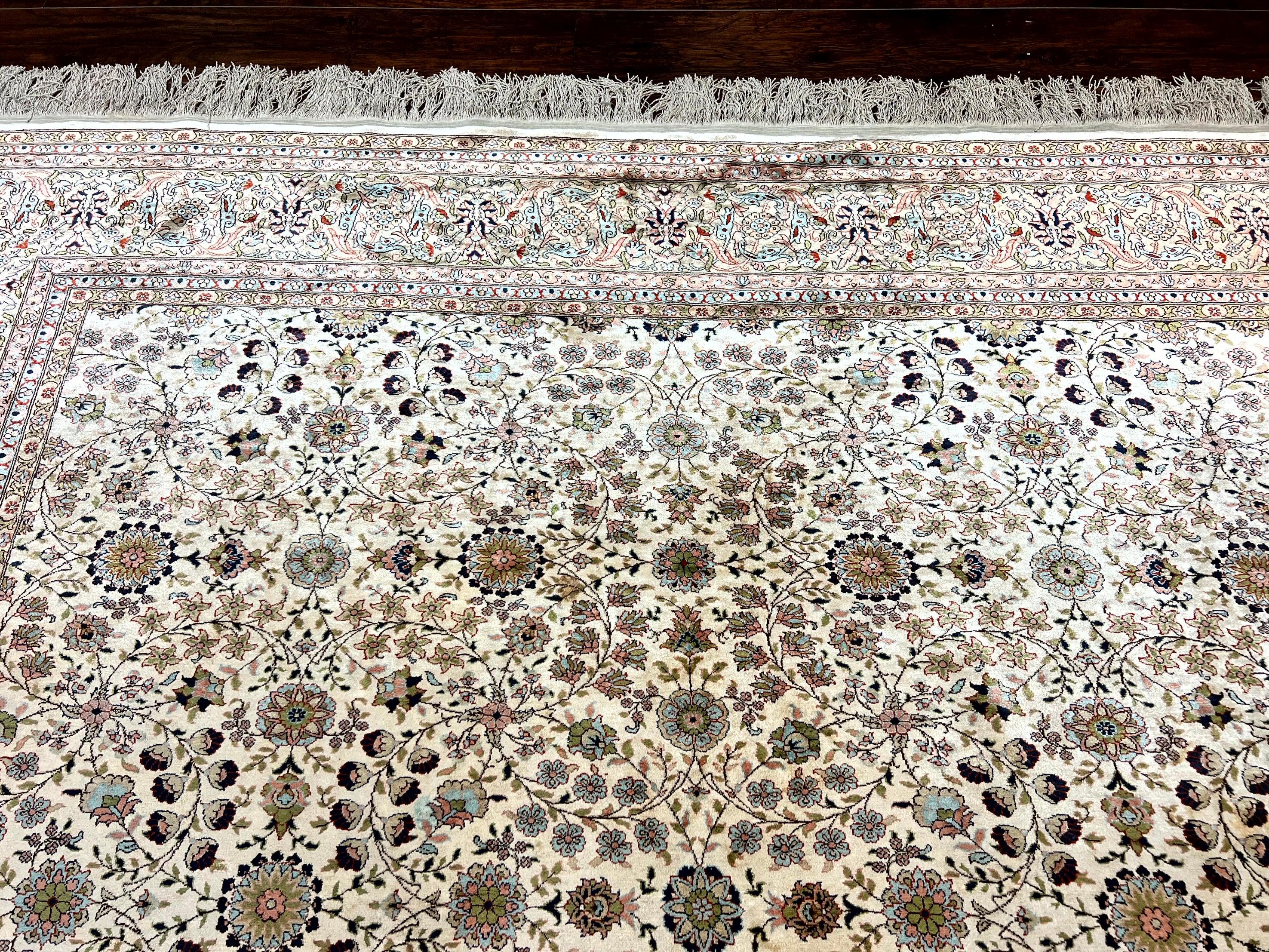 Wonderful Silk Hereke Rug 8x12, Silk Pile on Silk Foundation, Ivory/Cream, Floral Pattern, Handmade, Vintage - Jewel Rugs