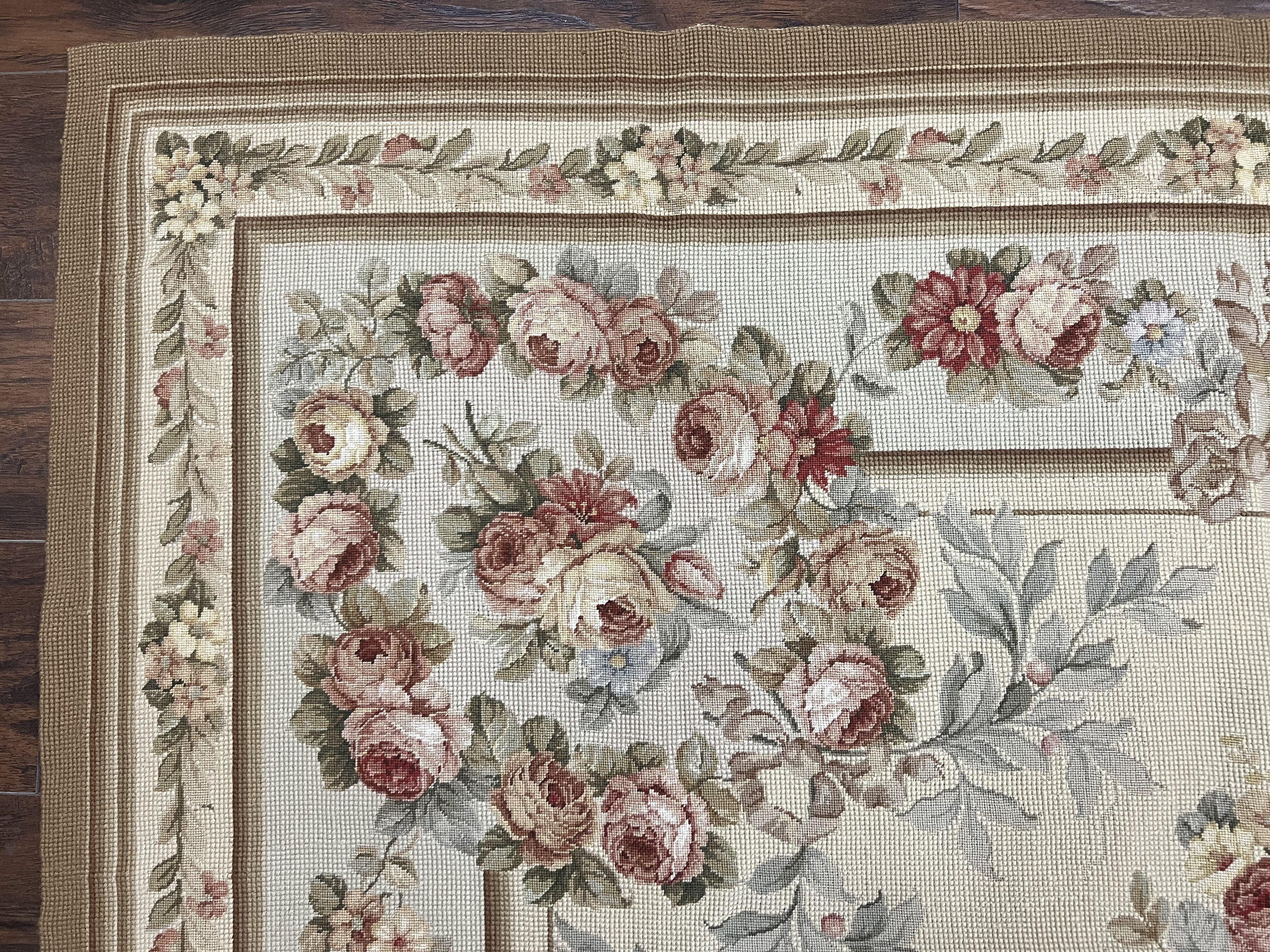Needlepoint Rug, Aubusson Design, Petit Point Carpet, Floral, Cream, French European Design, Flatweave, Wool, Vintage - Jewel Rugs