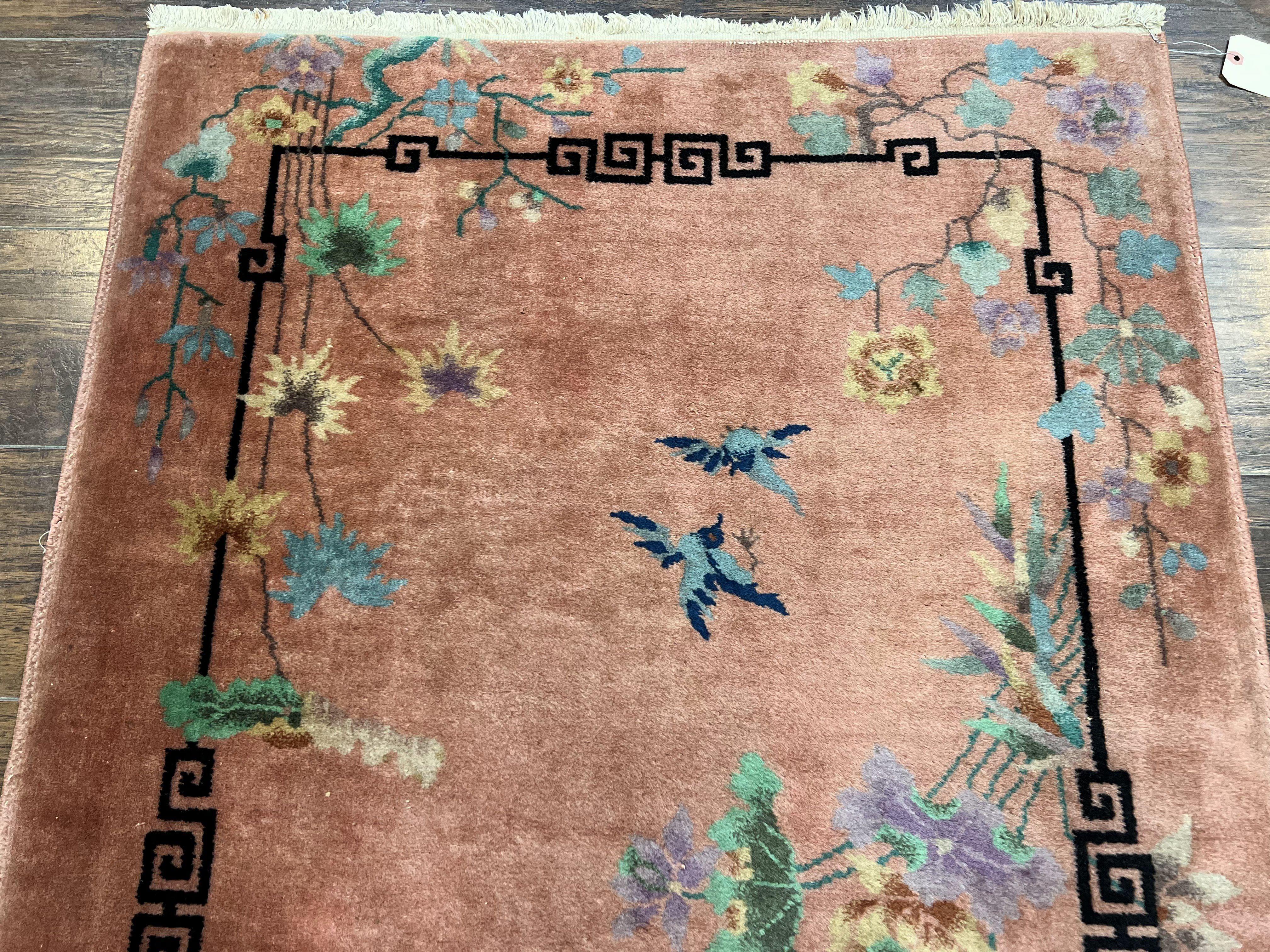 Chinese Art Deco Rug 3x5, Wool Hand Knotted Semi Antique Vintage Carpet, Salmon Red, Birds Flowers, Asian Oriental Rug 3 x 5 - Jewel Rugs