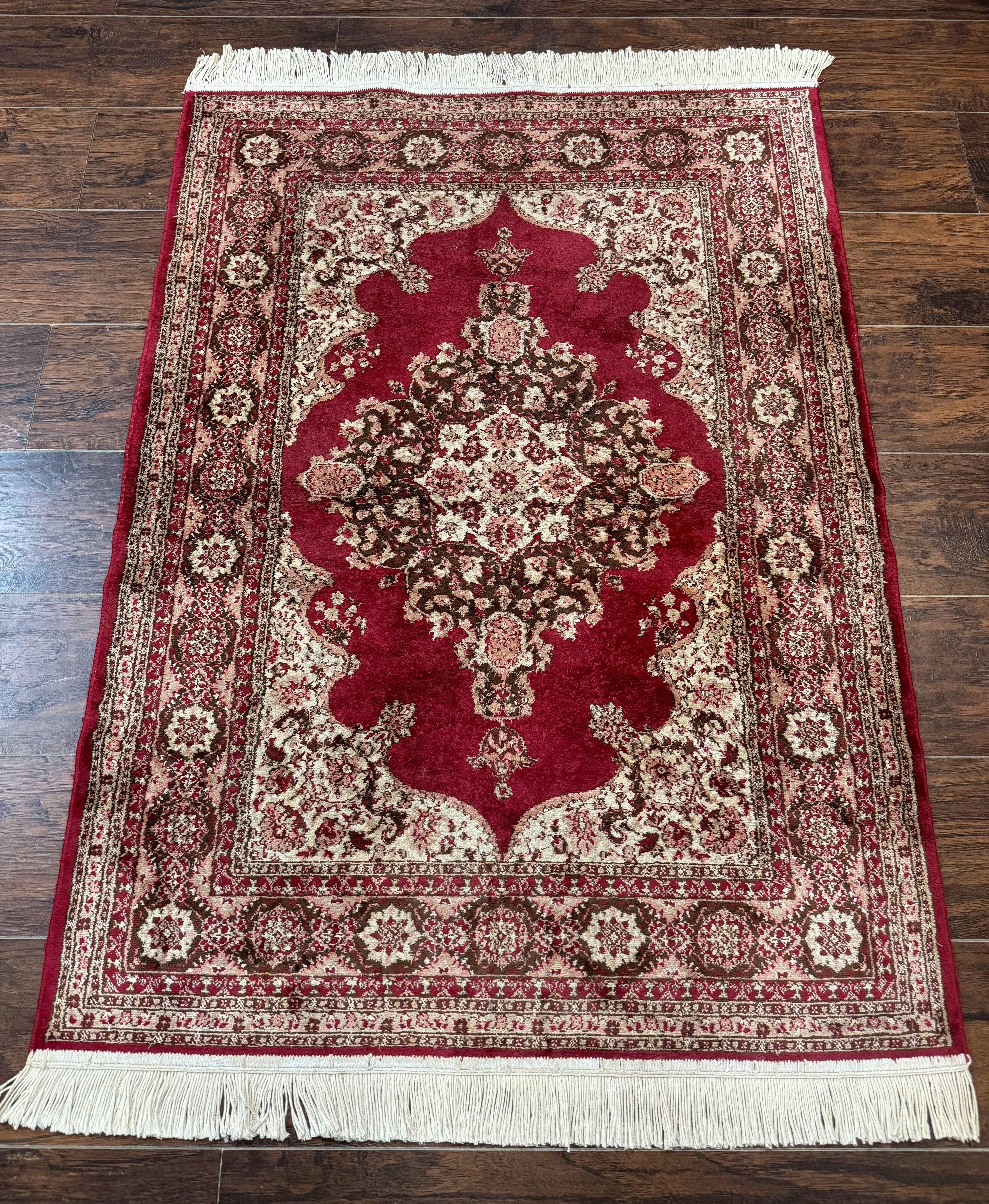 Vintage Art Silk Rug 3x4, Traditional Oriental Persian Design Rug, Belgium Power Loomed Rug, Red and Beige, Semi Open Field Kerman Rug - Jewel Rugs