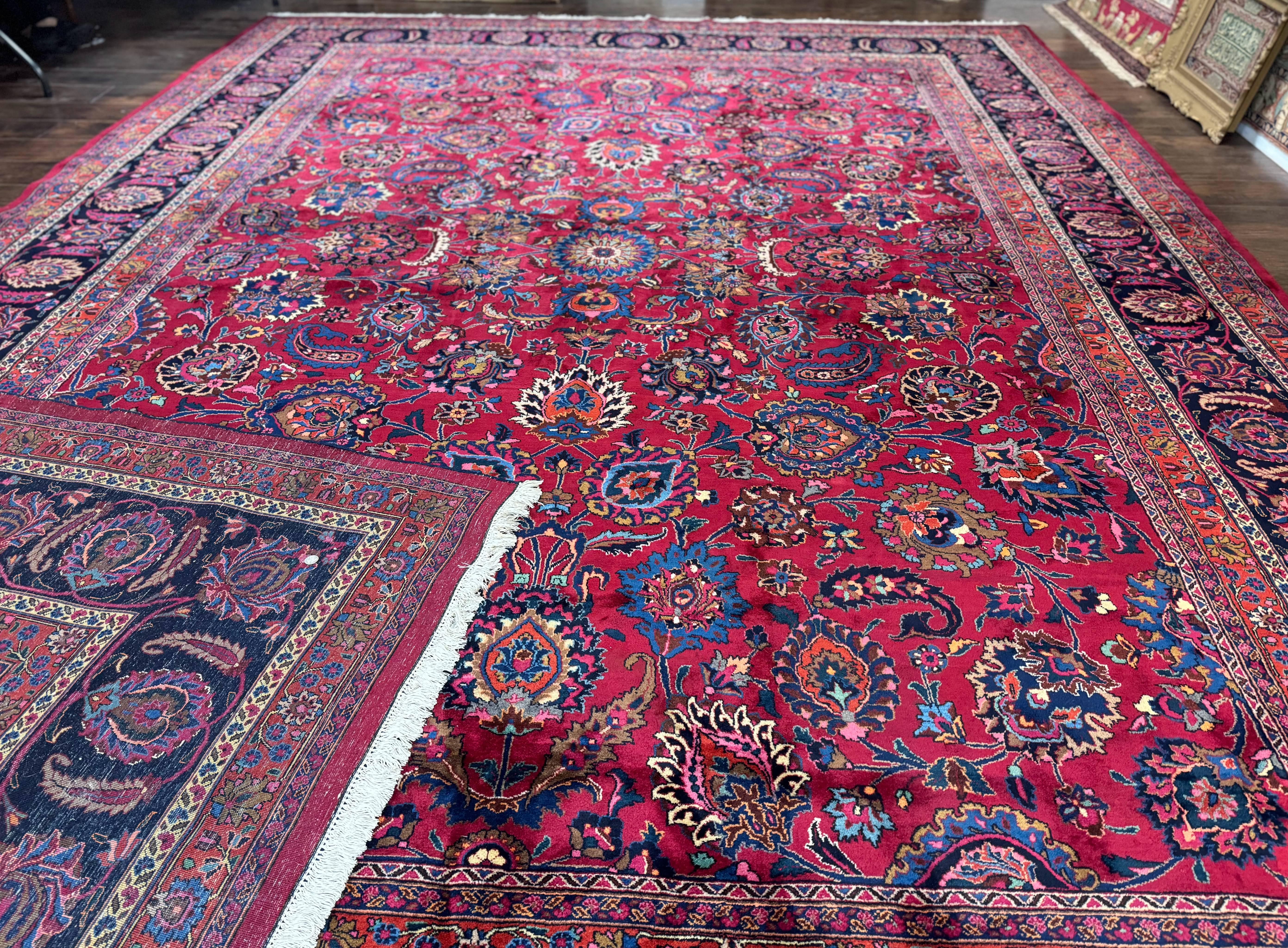 Palace Size Persian Mashad Rug 12x16, Raspberry and Navy Blue, Signature from Master Weaver, Antique Handmade Large Wool Carpet - Jewel Rugs