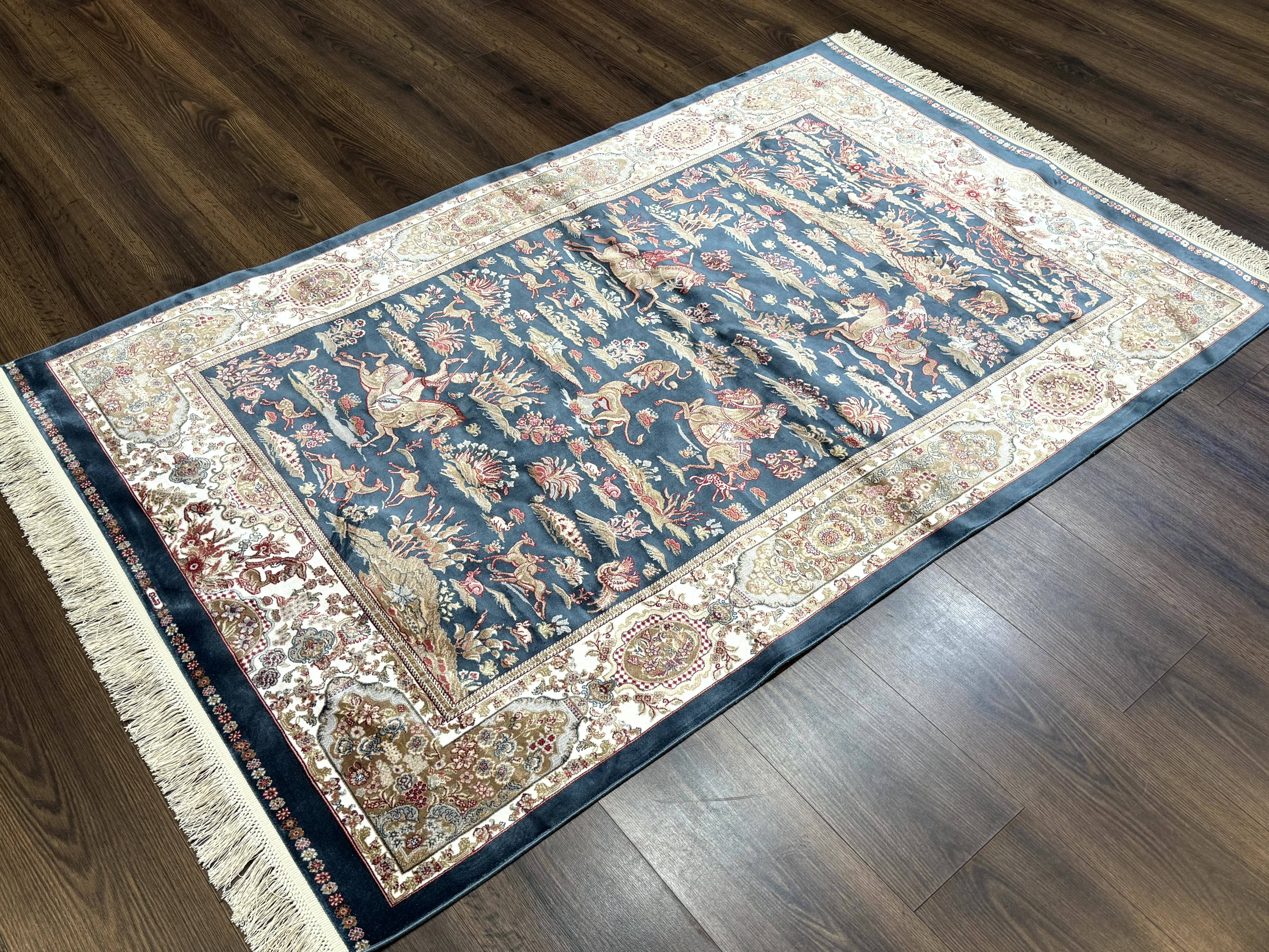 Turkish Silk Hunting Design Rug 4x6, Dark Steel Blue & Ivory, Bamboo Silk, New - Jewel Rugs