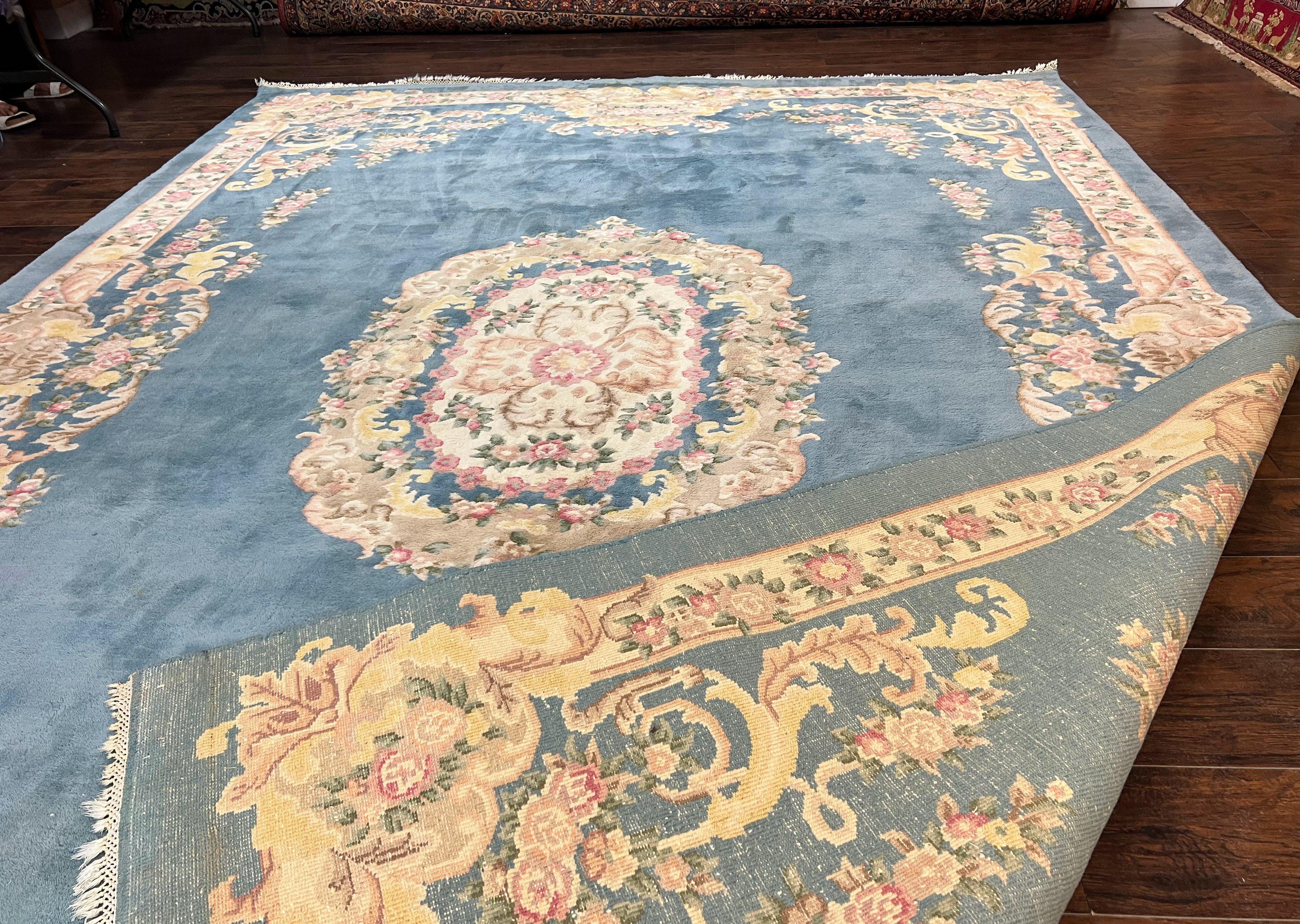 Indo Chinese Rug 9x14, Wool Hand Knotted Vintage Carpet, Light Blue Cream Beige, Aubusson European Design Rug 9 x 14 - Jewel Rugs