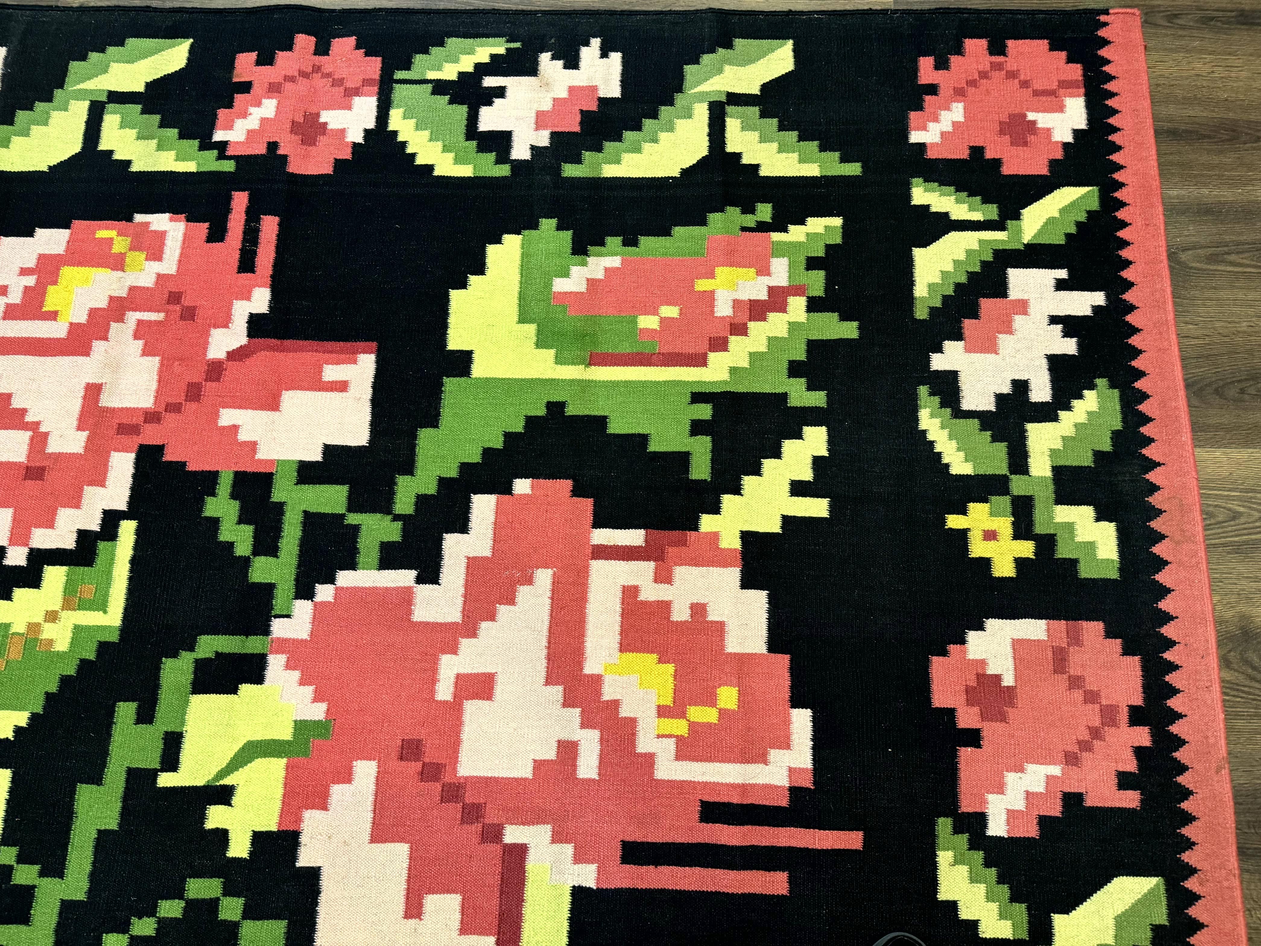Large Indian Dhurrie Rug 8x10, Black Pink Green, 8 x 10 Kilim Rug, Handmade, Wool, Floral - Jewel Rugs