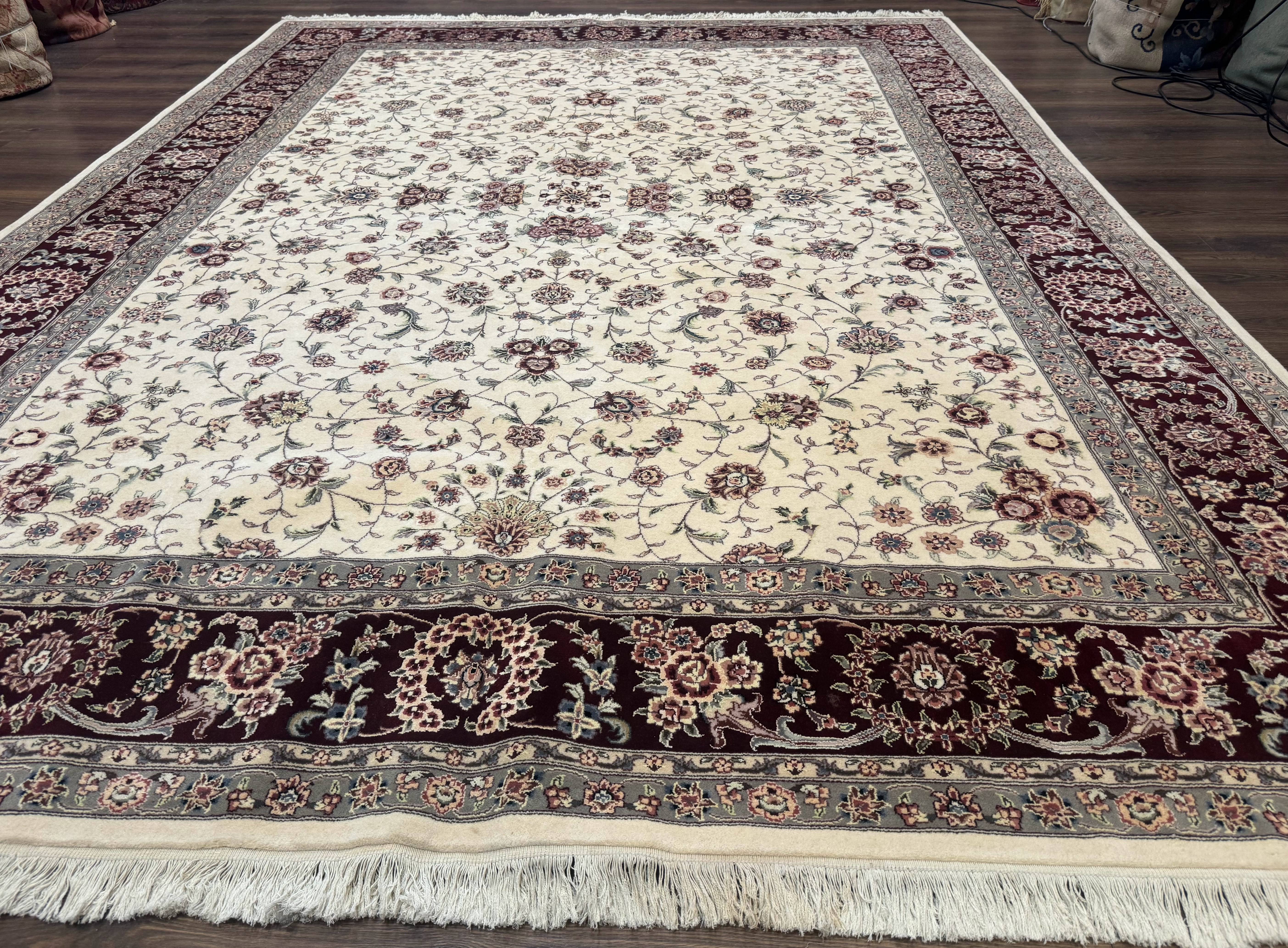 Sino Persian Rug 9x12, Floral Allover Design, 170 KPSI, Ivory and Dark Maroon - Jewel Rugs