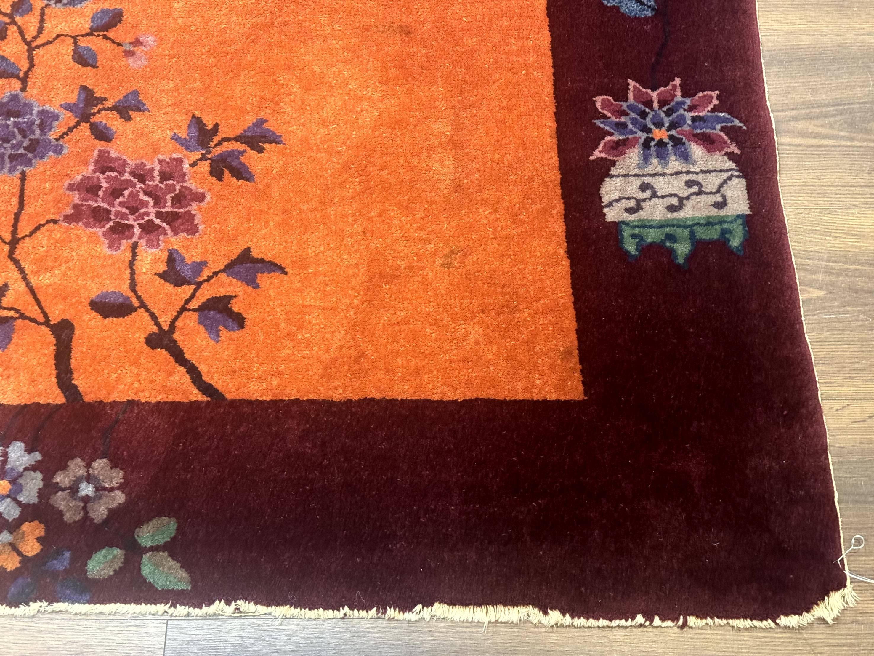 Chinese Art Deco Rug 5x8, Antique Chinese Wool Rug, Nichols Rug, Rare Chinese Carpet, Orange and Purple-Maroon - Jewel Rugs
