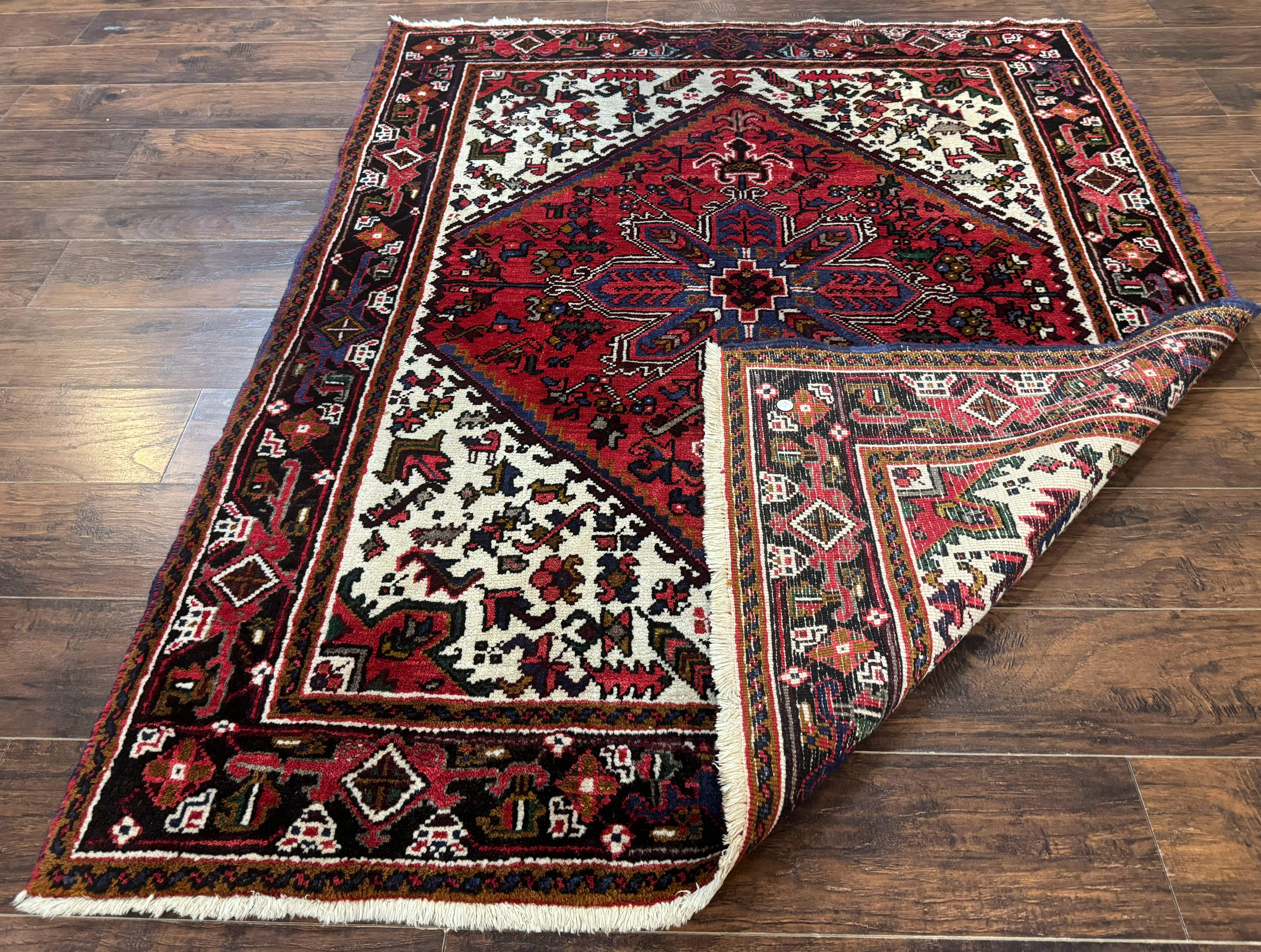 Persian Heriz Rug 5x6 – Red and Ivory, Hand-Knotted Wool, Vintage Geometric Carpet - Jewel Rugs