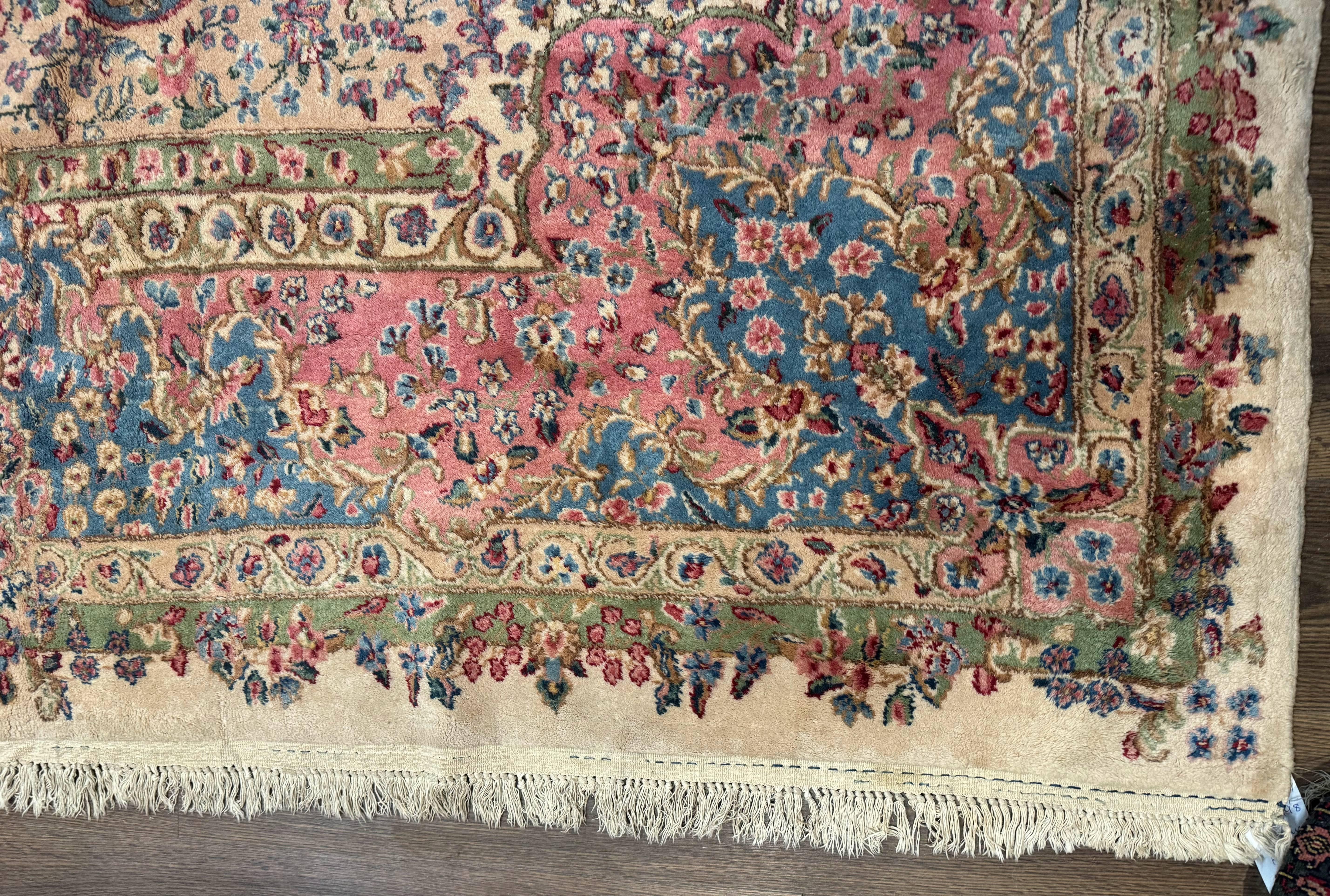Palace Size Persian Kerman Rug 11x20 ft, Very Fine 340 KPSI, Vintage Oversized Wool Handmade Large Persian Carpet, Beige Light Blue Pink - Jewel Rugs