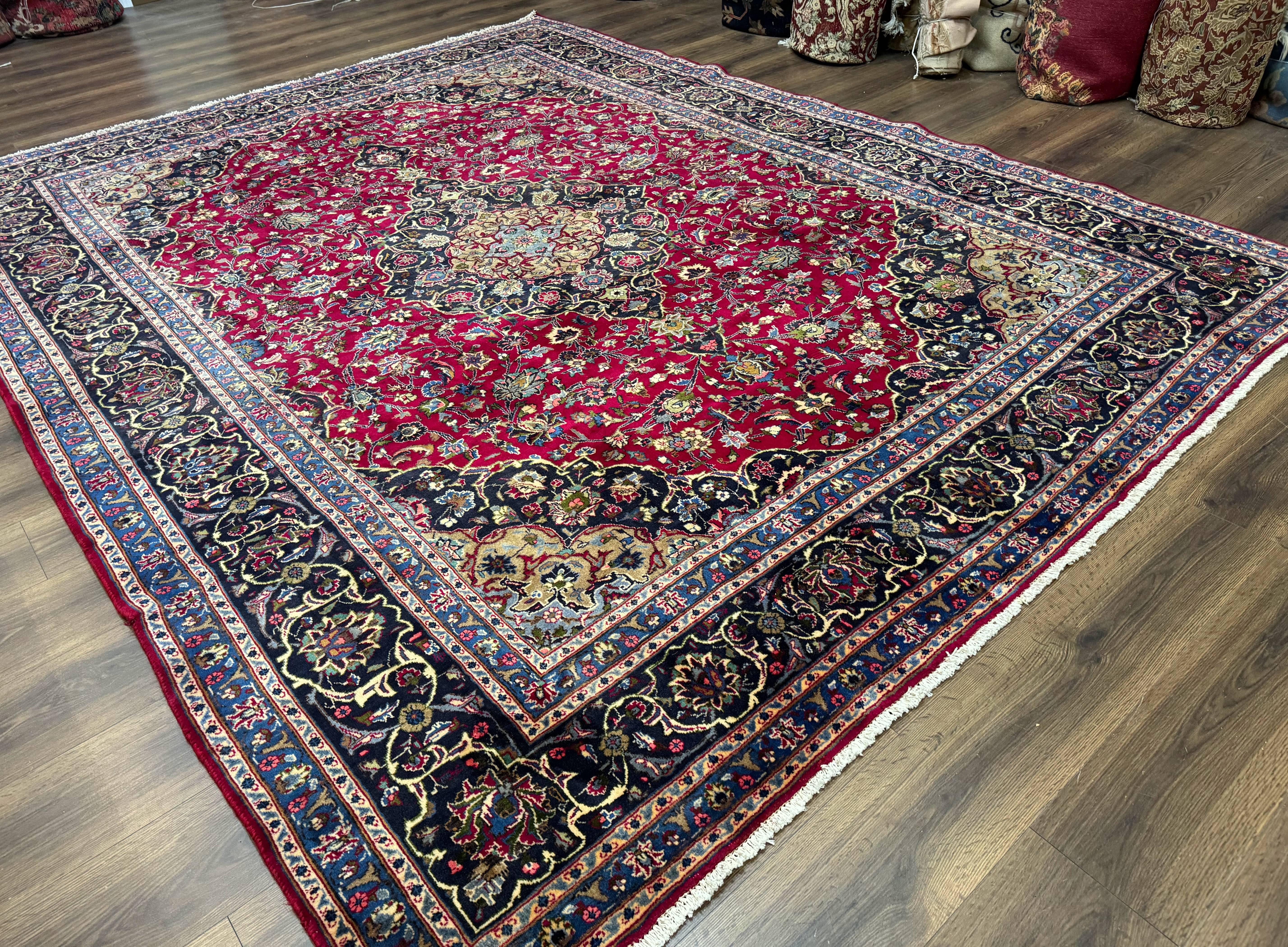 Traditional Persian Rug 8x11, Red Navy Blue, Floral Medallion, Antique Persian Mashad Carpet, Wool - Jewel Rugs