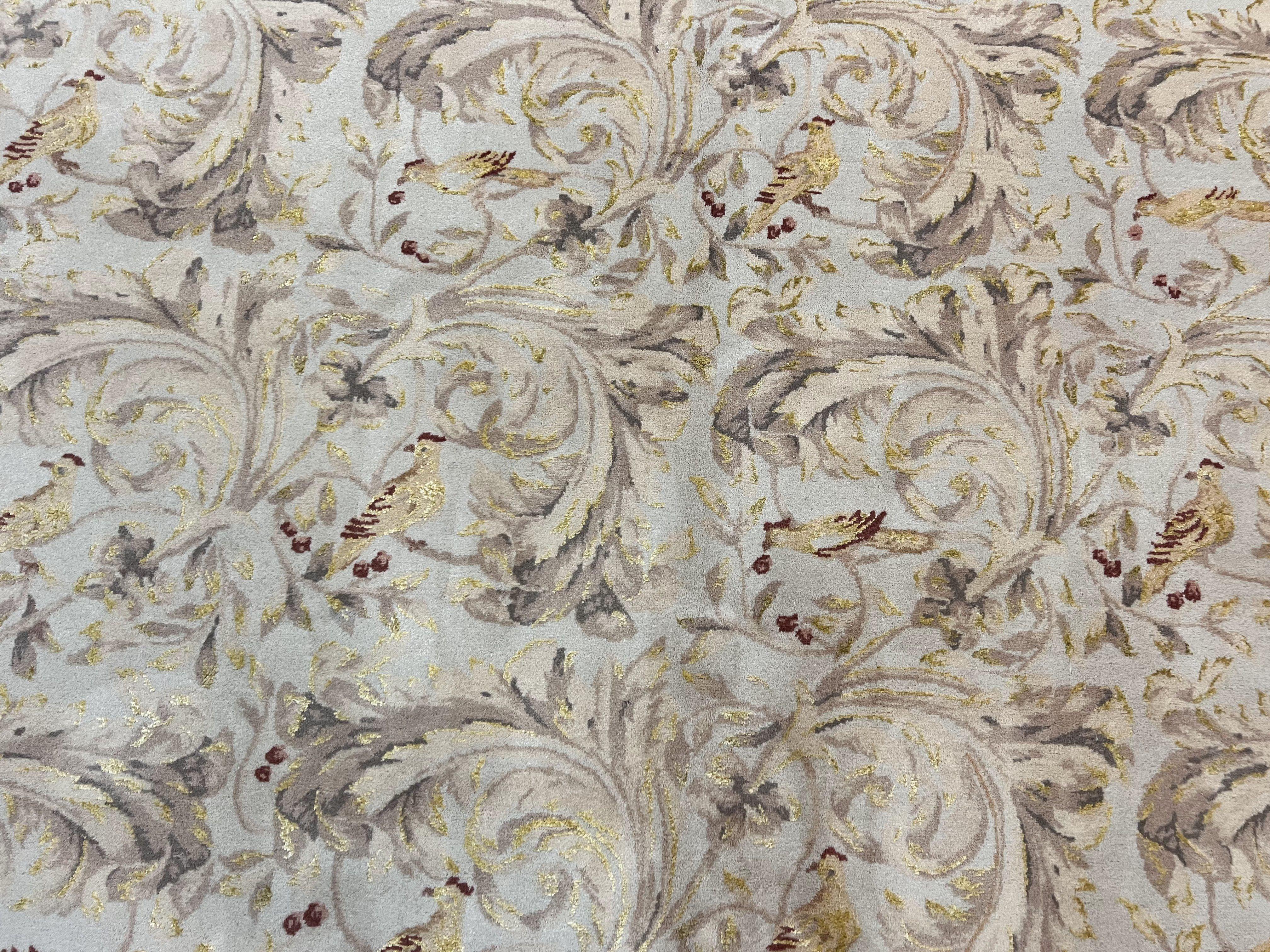 Aubusson Rug 10x14, Wool & Silk Highlights Hand Knotted Vintage Carpet, Birds Flowers, Fine Details, Elegant - Jewel Rugs