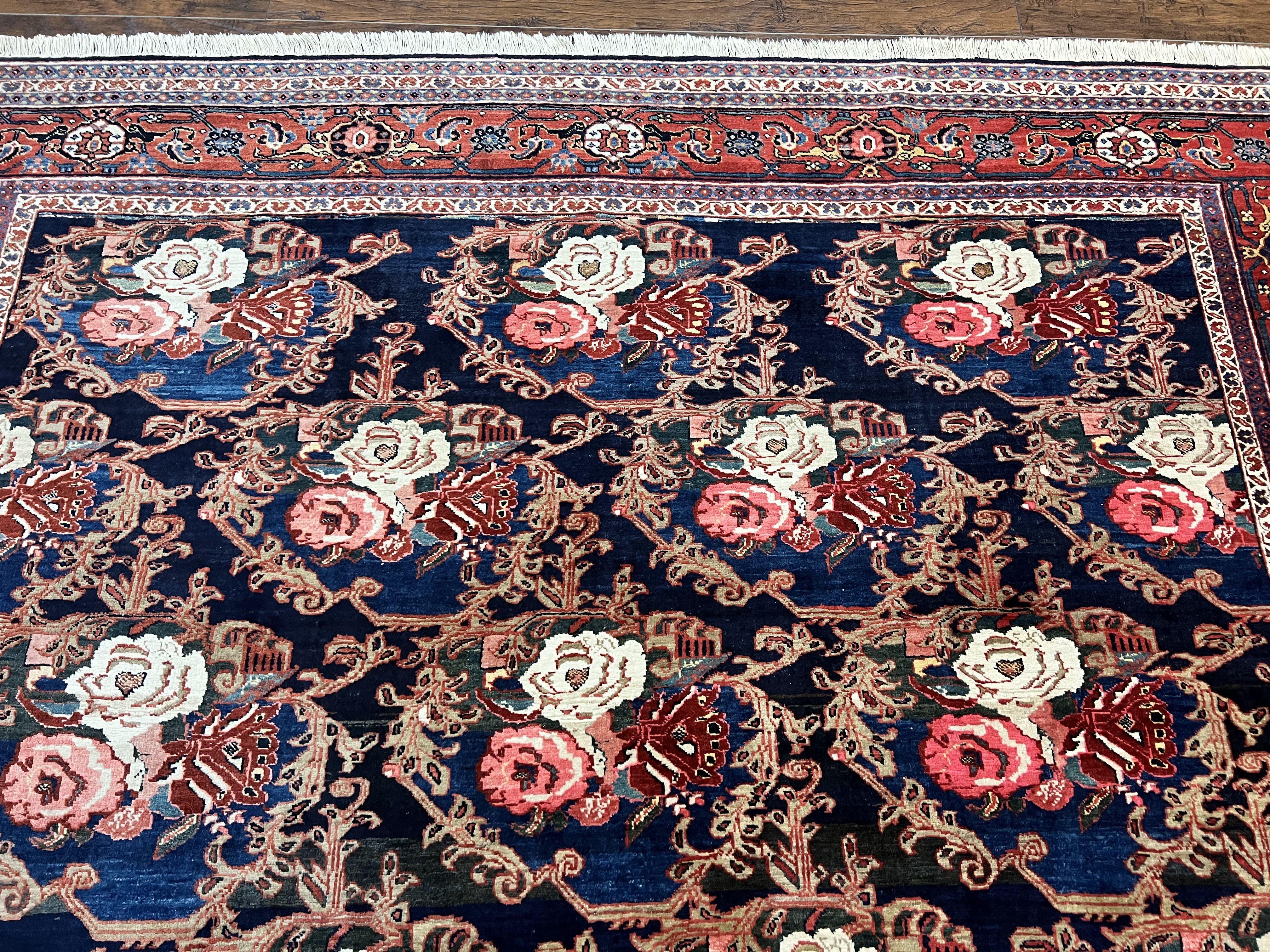 Persian Bidjar Rug 8x11, Floral Bouquets, Blue Black Red Pink, Handmade Hand Knotted Vintage Semi Antique Oriental Carpet - Jewel Rugs