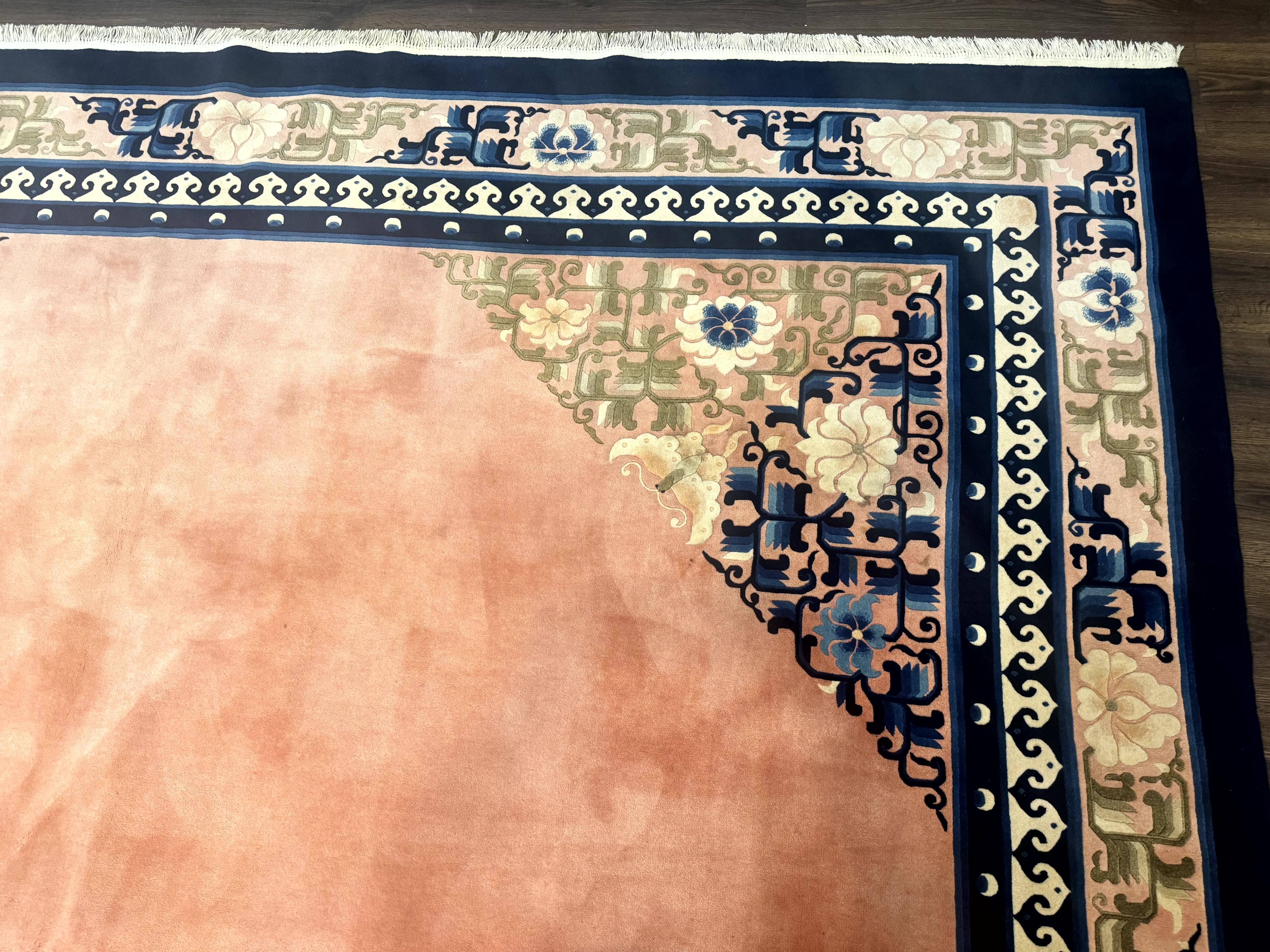 Chinese Wool Rug 11x18, Palace Sized Chinese Carpet, Peking Rug, Peach and Blue, Open Field, Simple Design, Art Deco Rug, Large Handmade Rug - Jewel Rugs